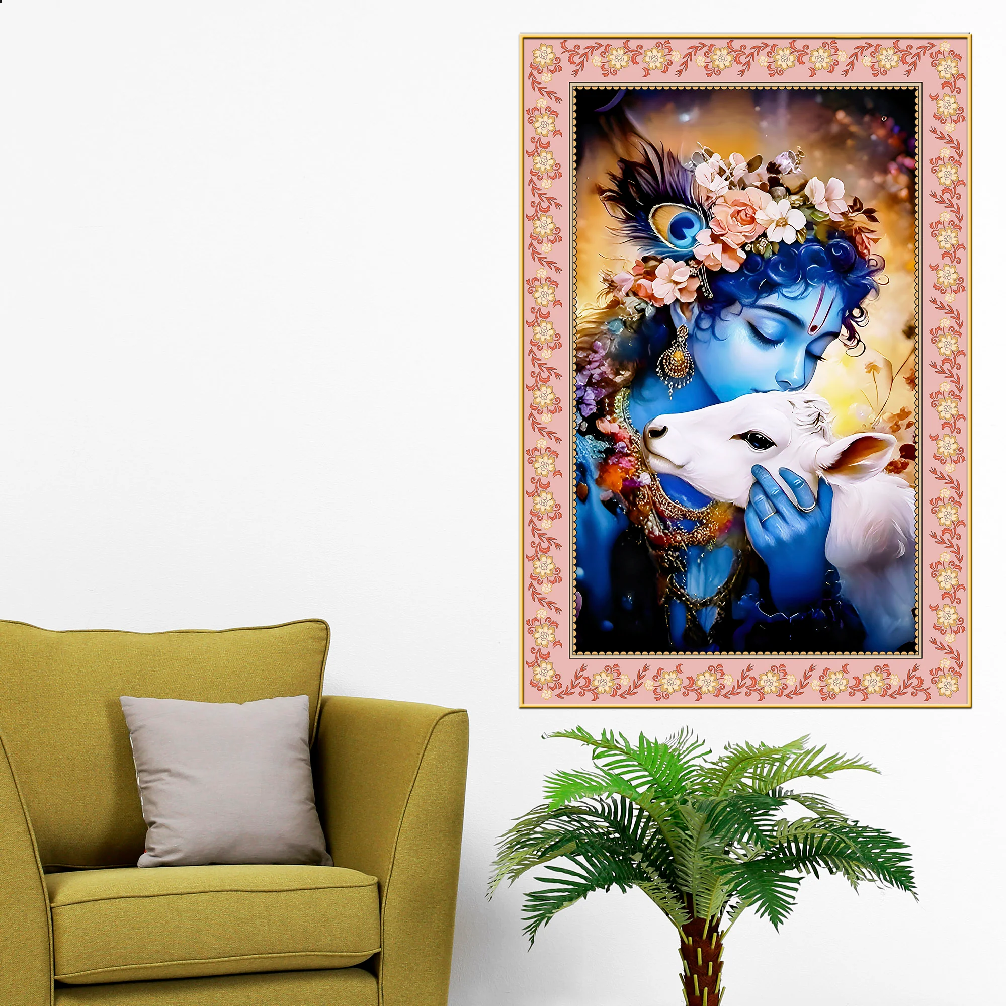 Krishna The Little Cowherd Floral Border Vertical Wall Painting - Image 3