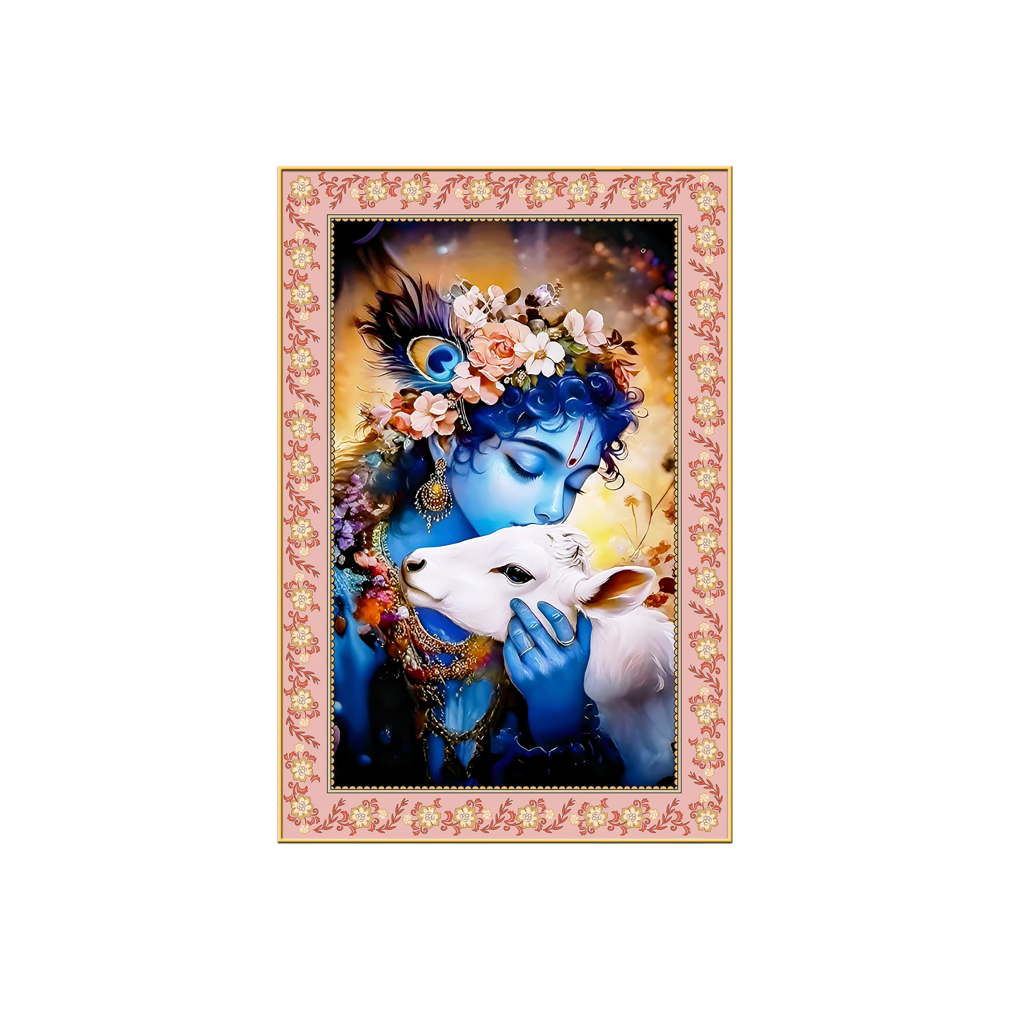 Krishna The Little Cowherd Floral Border Vertical Wall Painting - Image 4