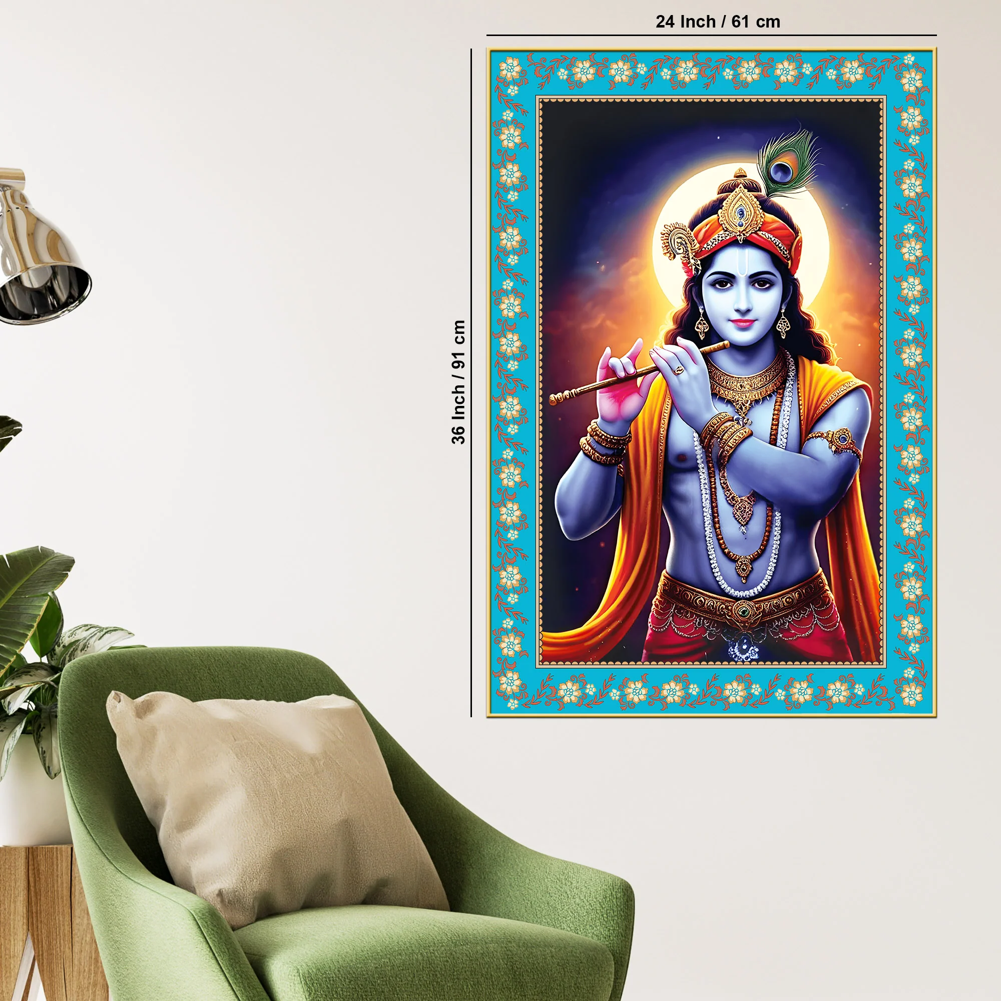 Krishna with Flute Floral Border Vertical Canvas Wall Painting - Image 6