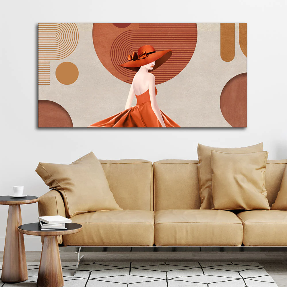 Lady Wearing Orange Hat and Dress Premium Wall Painting - Image 2