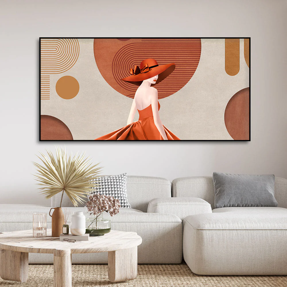 Lady Wearing Orange Hat and Dress Premium Wall Painting - Image 3