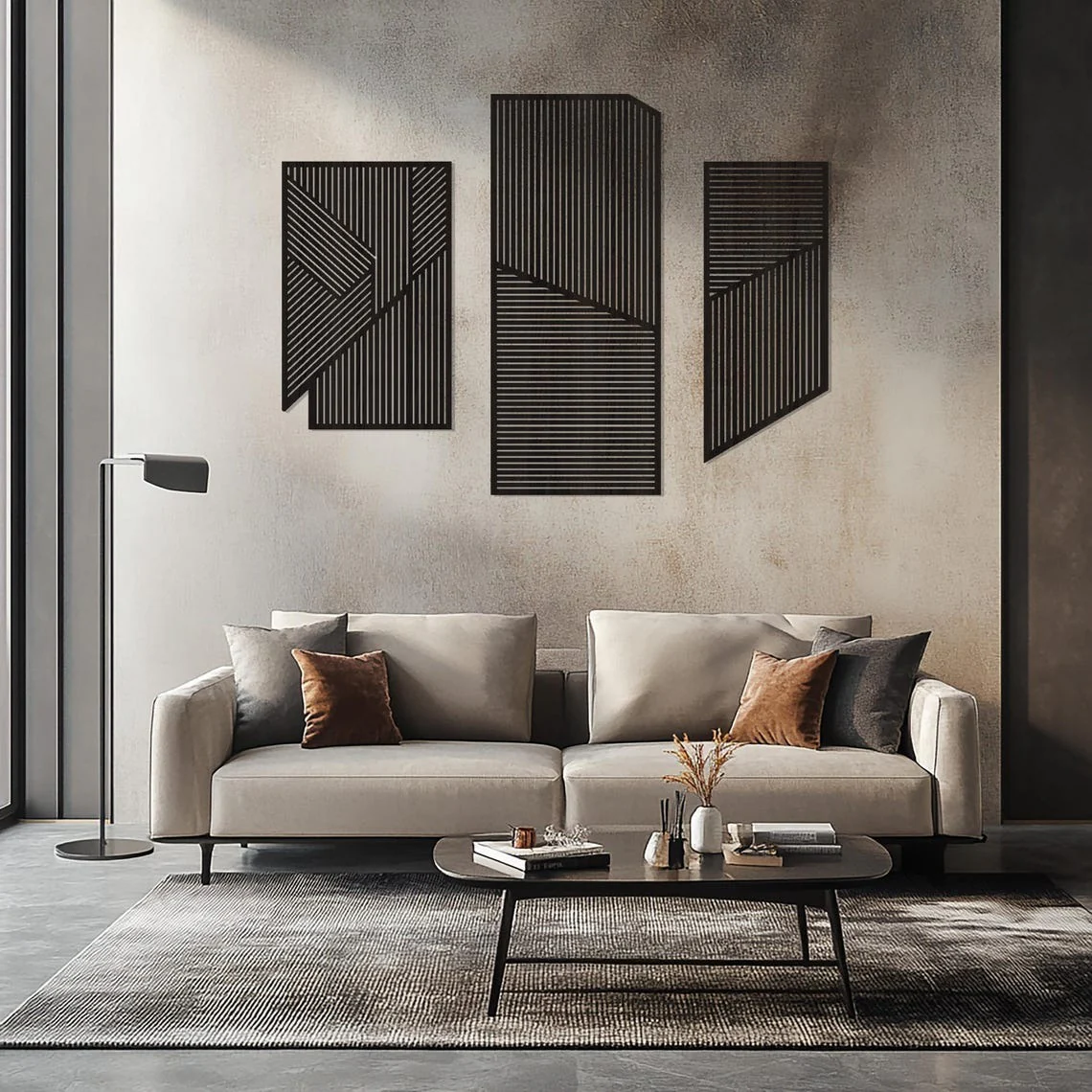 Large 3-Piece Wooden Wall Art with Vertical and Diagonal Slats
