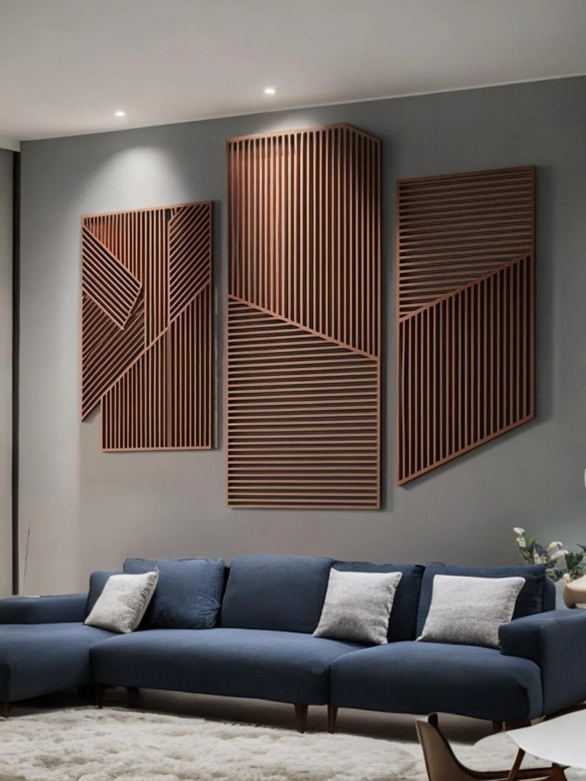 Large 3-Piece Wooden Wall Art with Vertical and Diagonal Slats - Image 2