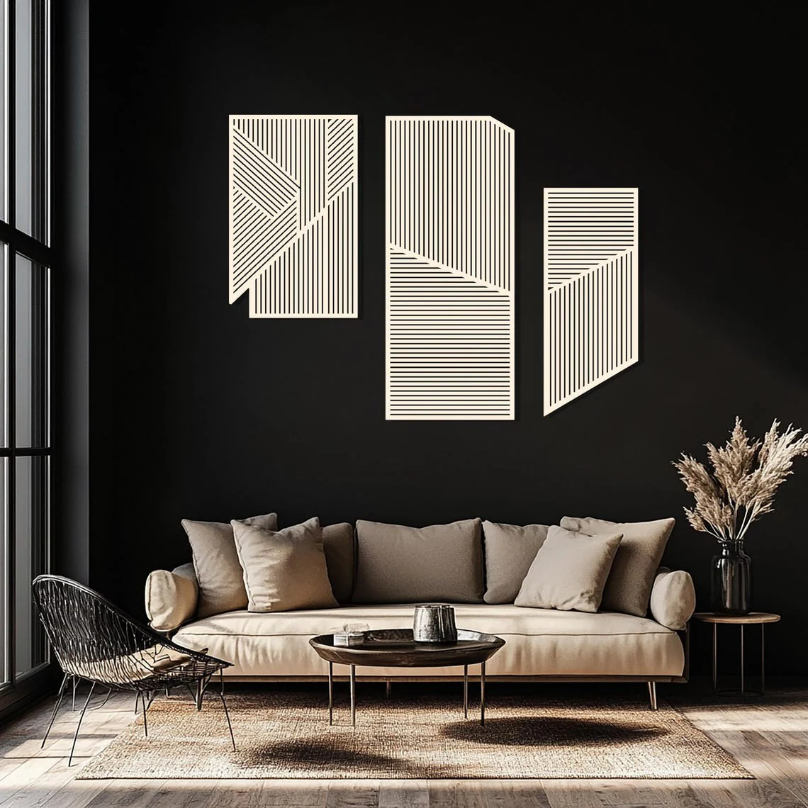 Large 3-Piece Wooden Wall Art with Vertical and Diagonal Slats - Image 3