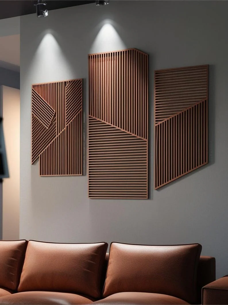 Large 3-Piece Wooden Wall Art with Vertical and Diagonal Slats - Image 5