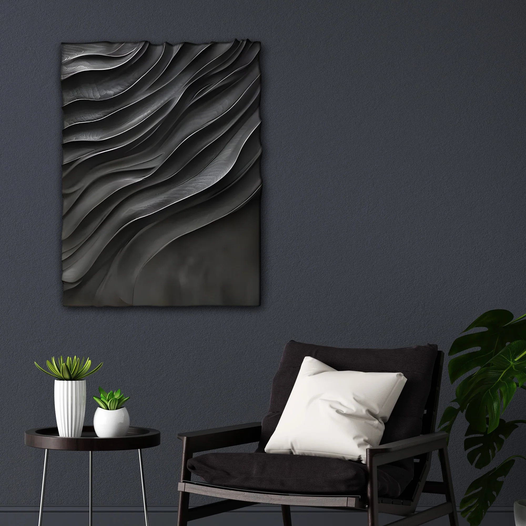 Large Black 3D Wall Art Panel with Wave Texture Design - Image 2