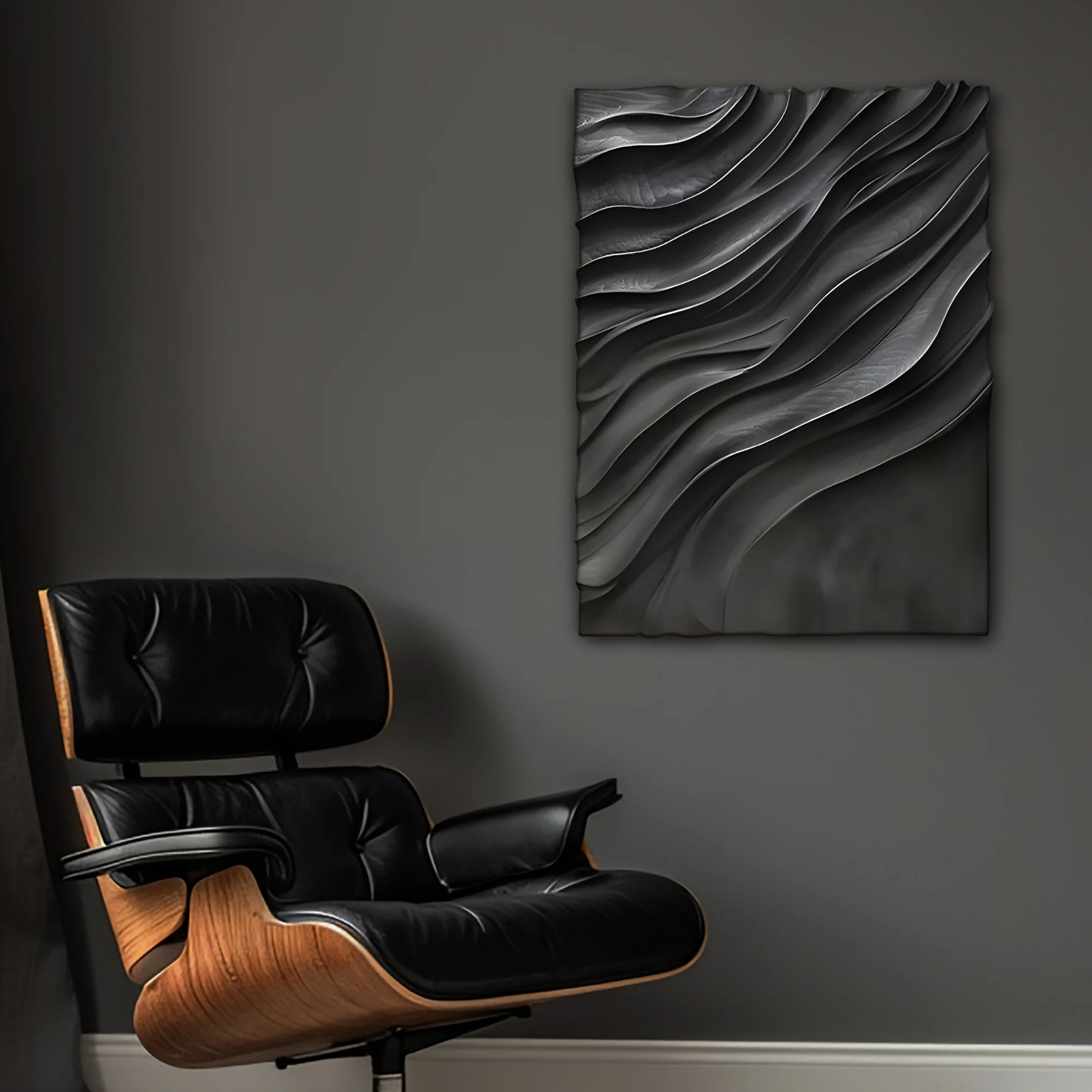 Large Black 3D Wall Art Panel with Wave Texture Design - Image 3