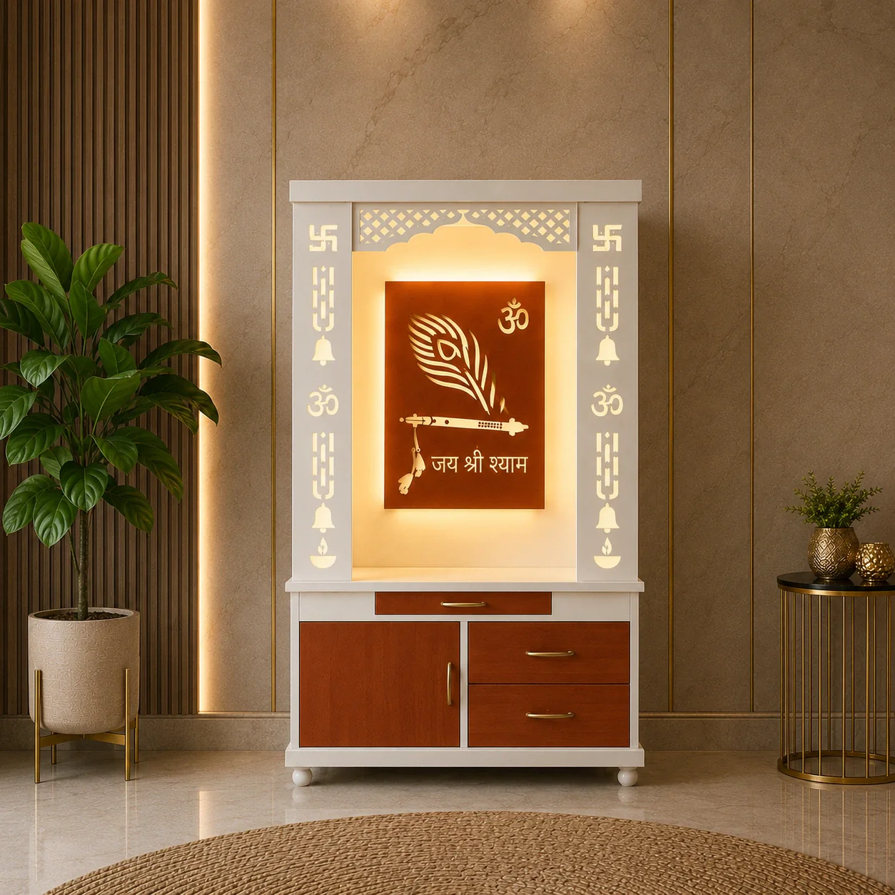 Lavish White Finish Wooden Floor Temple with Jai Shree Shyam and Murli LED Back Panel & Spacious Drawer Storage Cabinet for Home & Office
