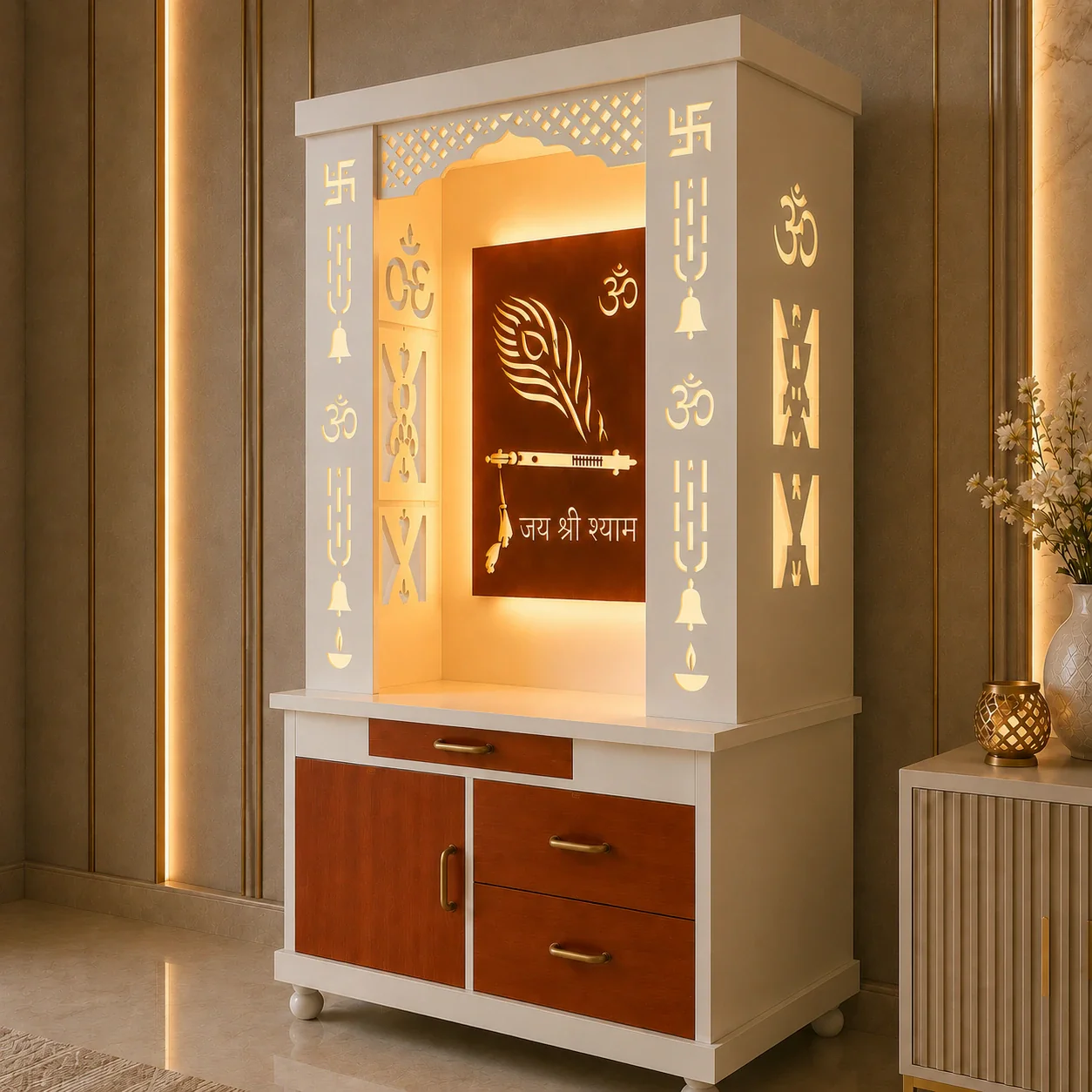 Lavish White Finish Wooden Floor Temple with Jai Shree Shyam and Murli LED Back Panel & Spacious Drawer Storage Cabinet for Home & Office - Image 2