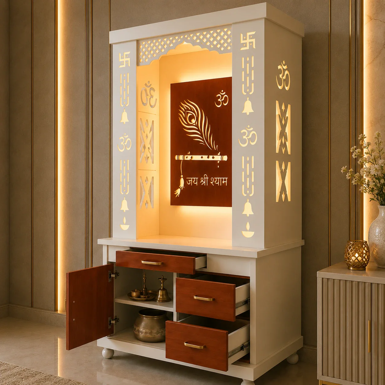 Lavish White Finish Wooden Floor Temple with Jai Shree Shyam and Murli LED Back Panel & Spacious Drawer Storage Cabinet for Home & Office - Image 3