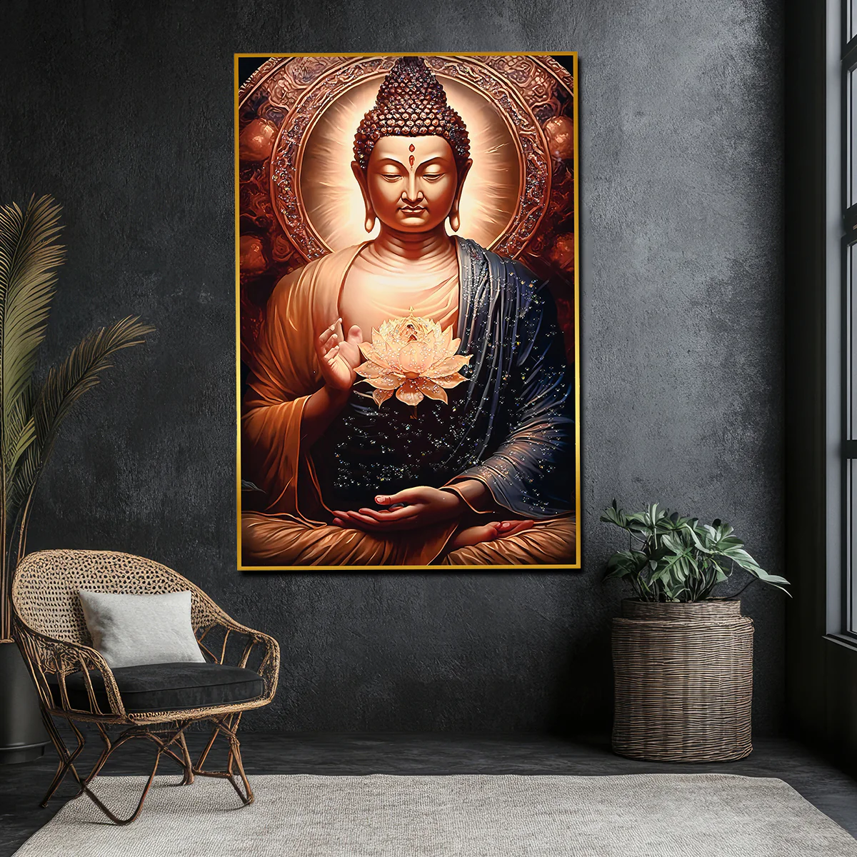 Life of Meditation Buddha Framed Crystal Glass Painting - Image 3