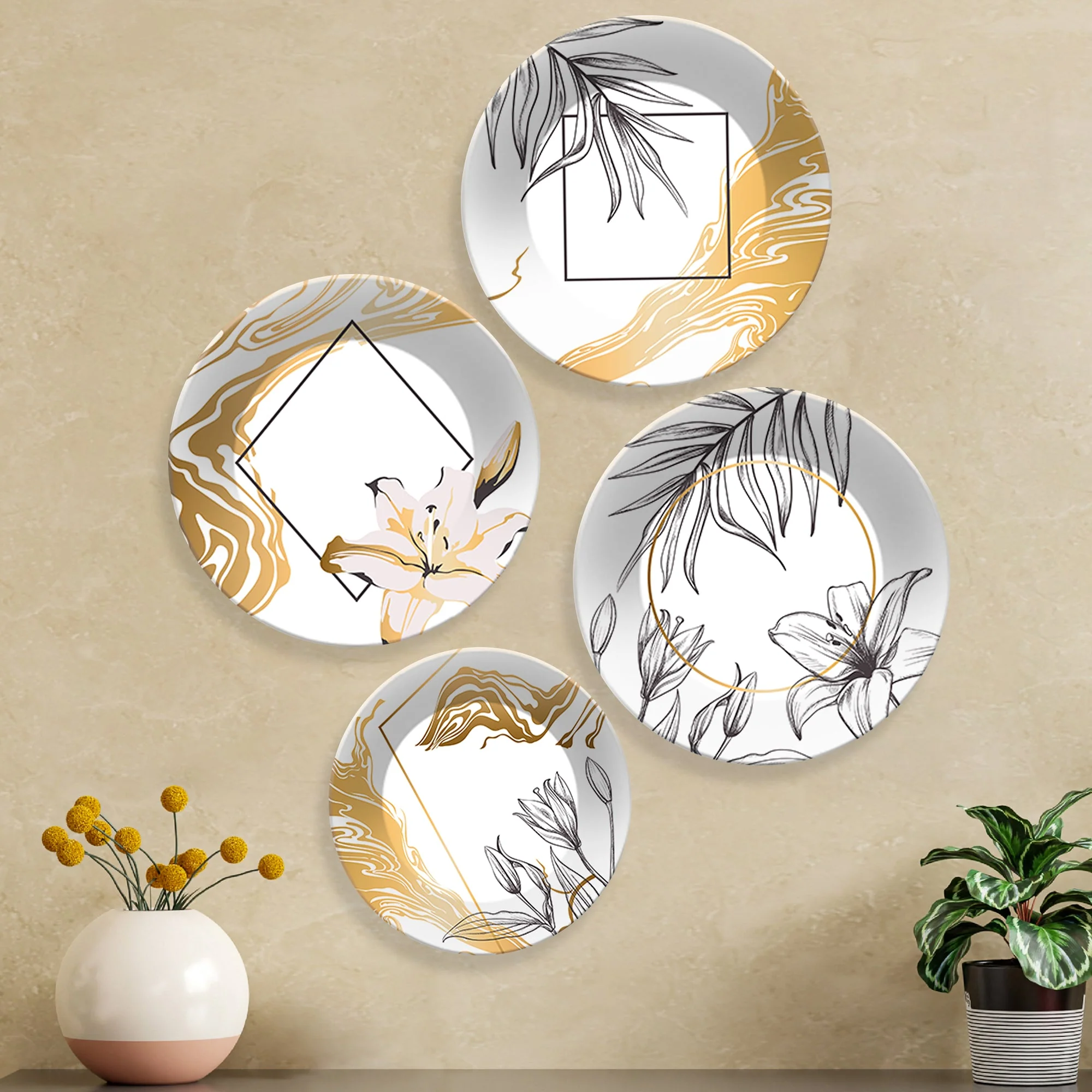 Line Art Flower Ceramic Wall Plates Painting Set of Four - Image 2