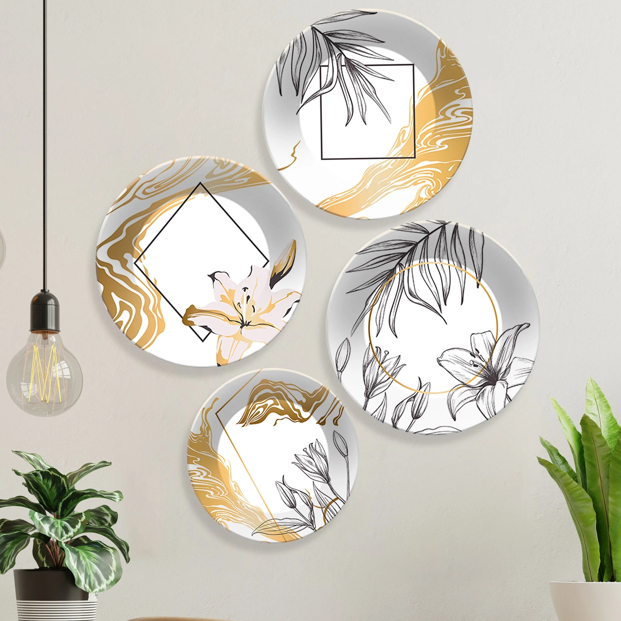Line Art Flower Ceramic Wall Plates Painting Set of Four - Image 3