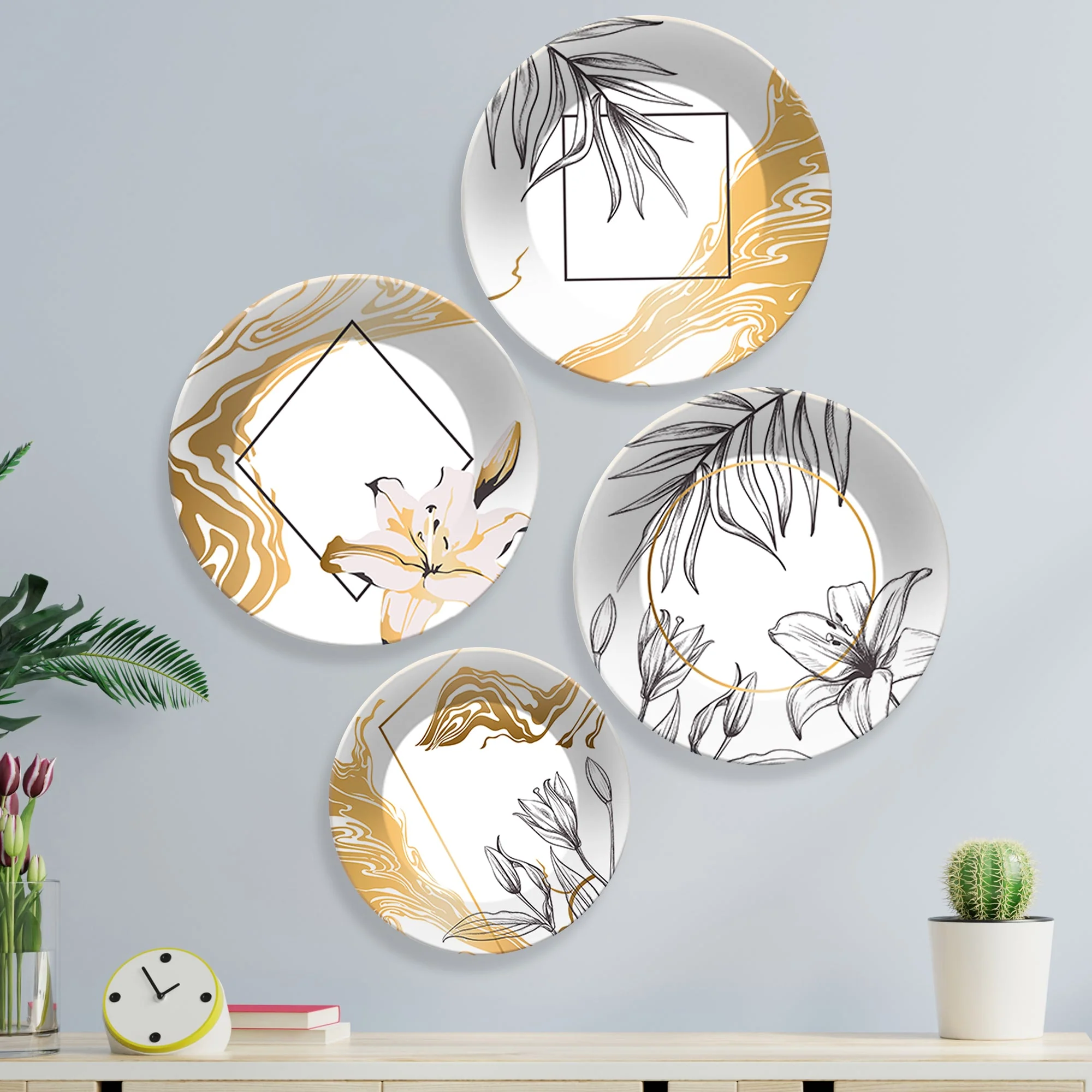 Line Art Flower Ceramic Wall Plates Painting Set of Four - Image 4