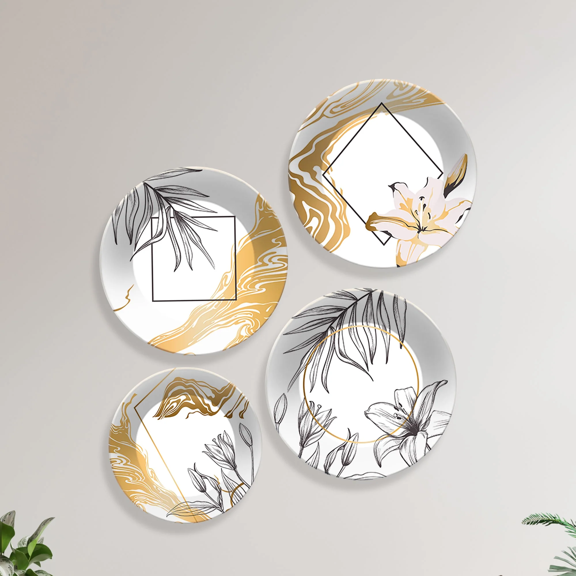 Line Art Flower Ceramic Wall Plates Painting Set of Four - Image 5
