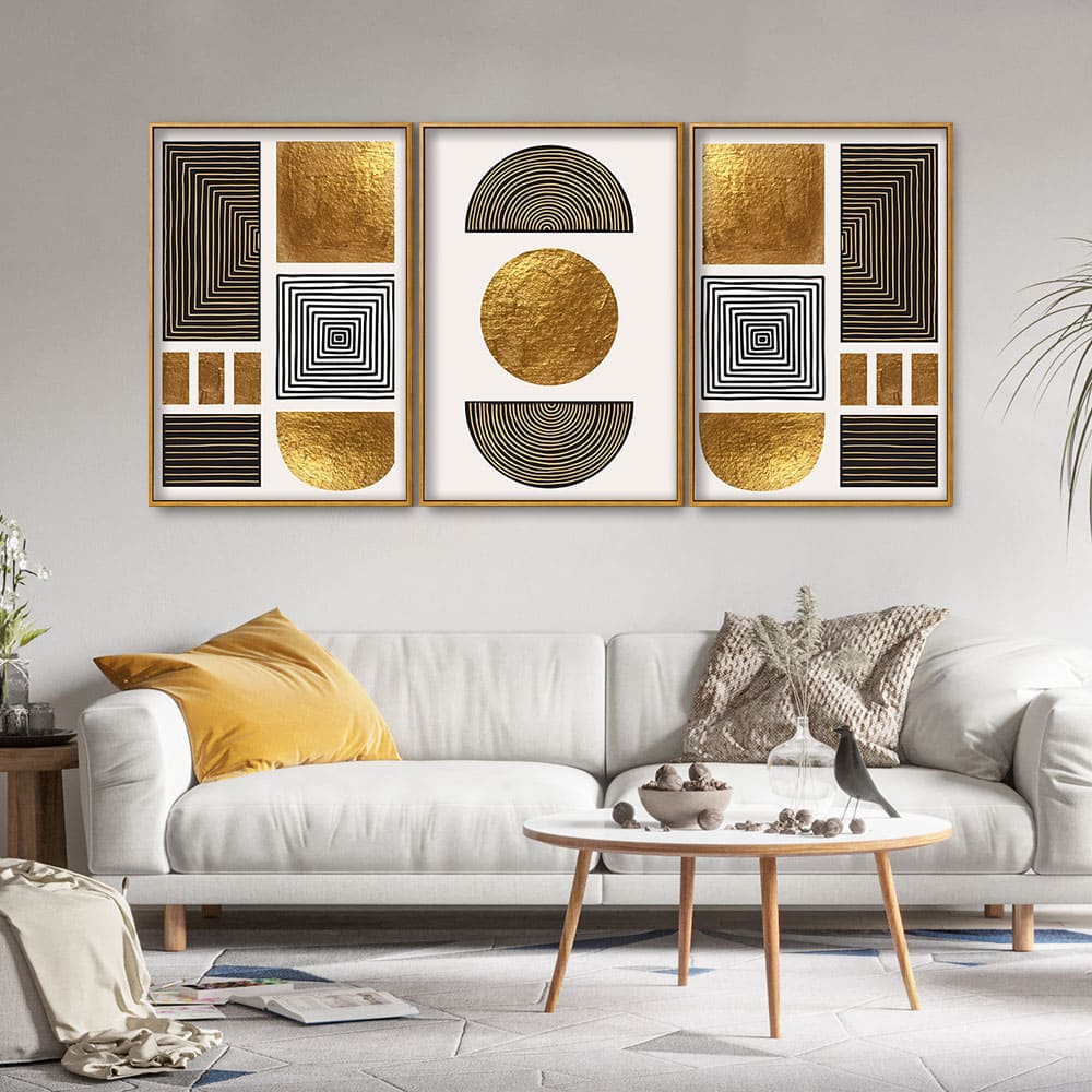 Line Art Golden Shapes Floating Canvas Wall Painting Set of Three - Image 2