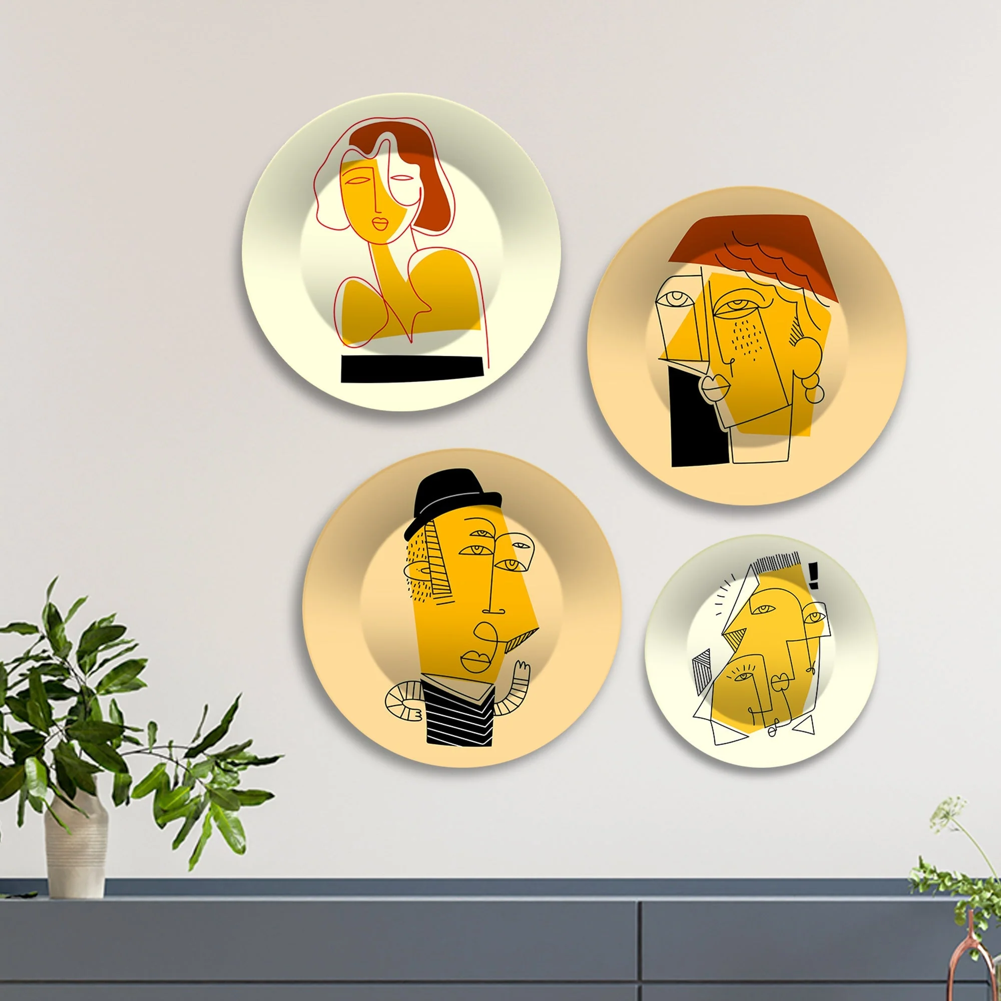 Line Art Portraits Premium Wall Plates Painting Set of Four - Image 3