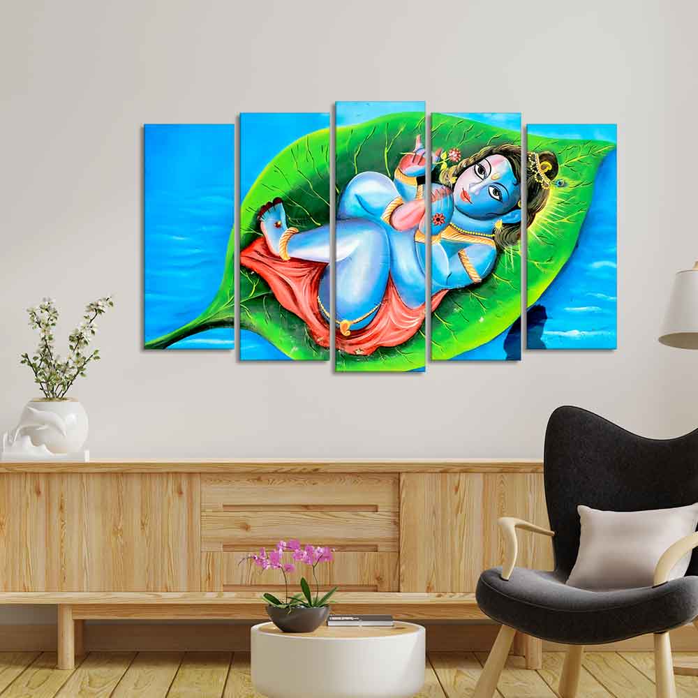 Little Krishna Abstract Wall Painting of Five Pieces - Image 3