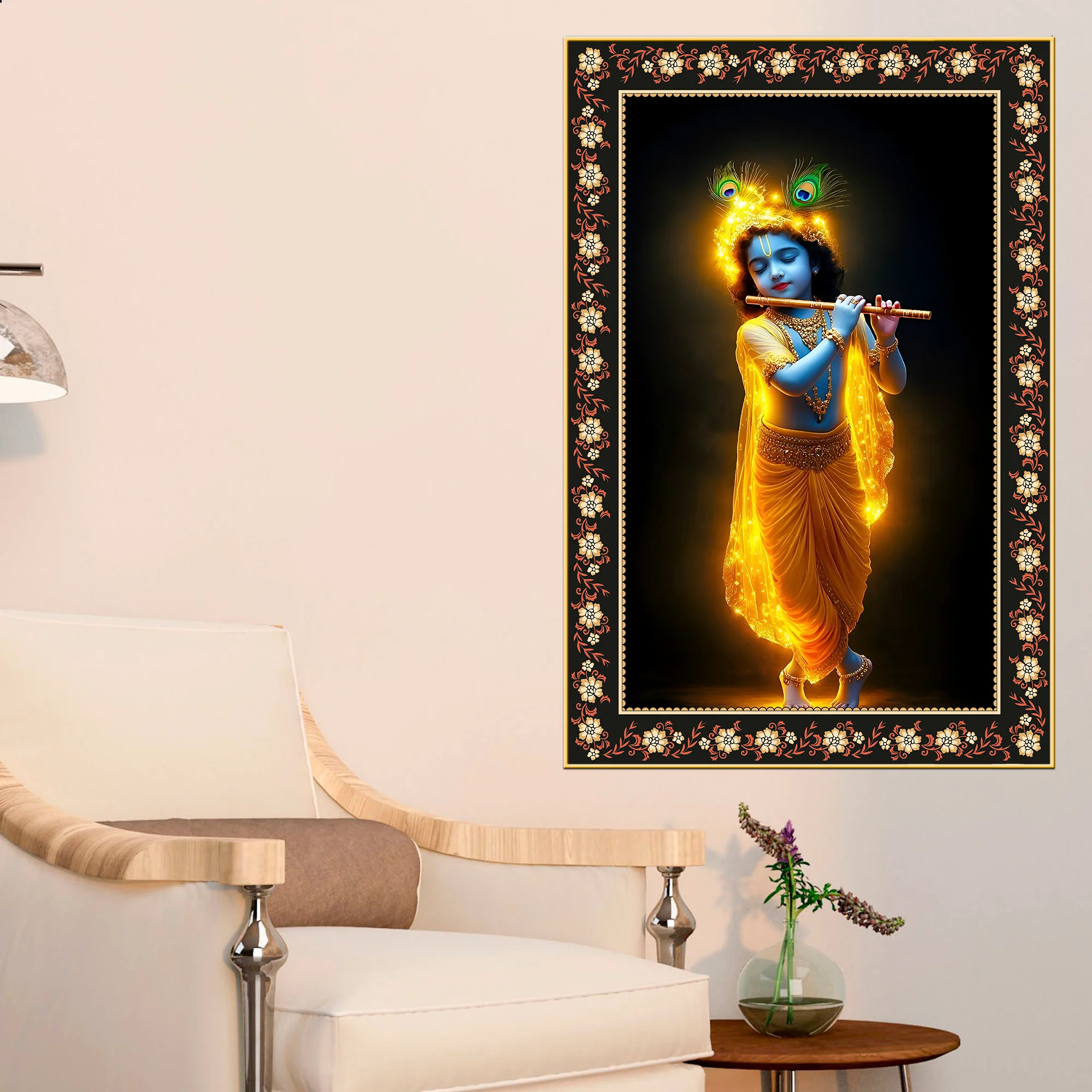 Little Krishna Playing Flute Floral Border Vertical Wall Painting - Image 3