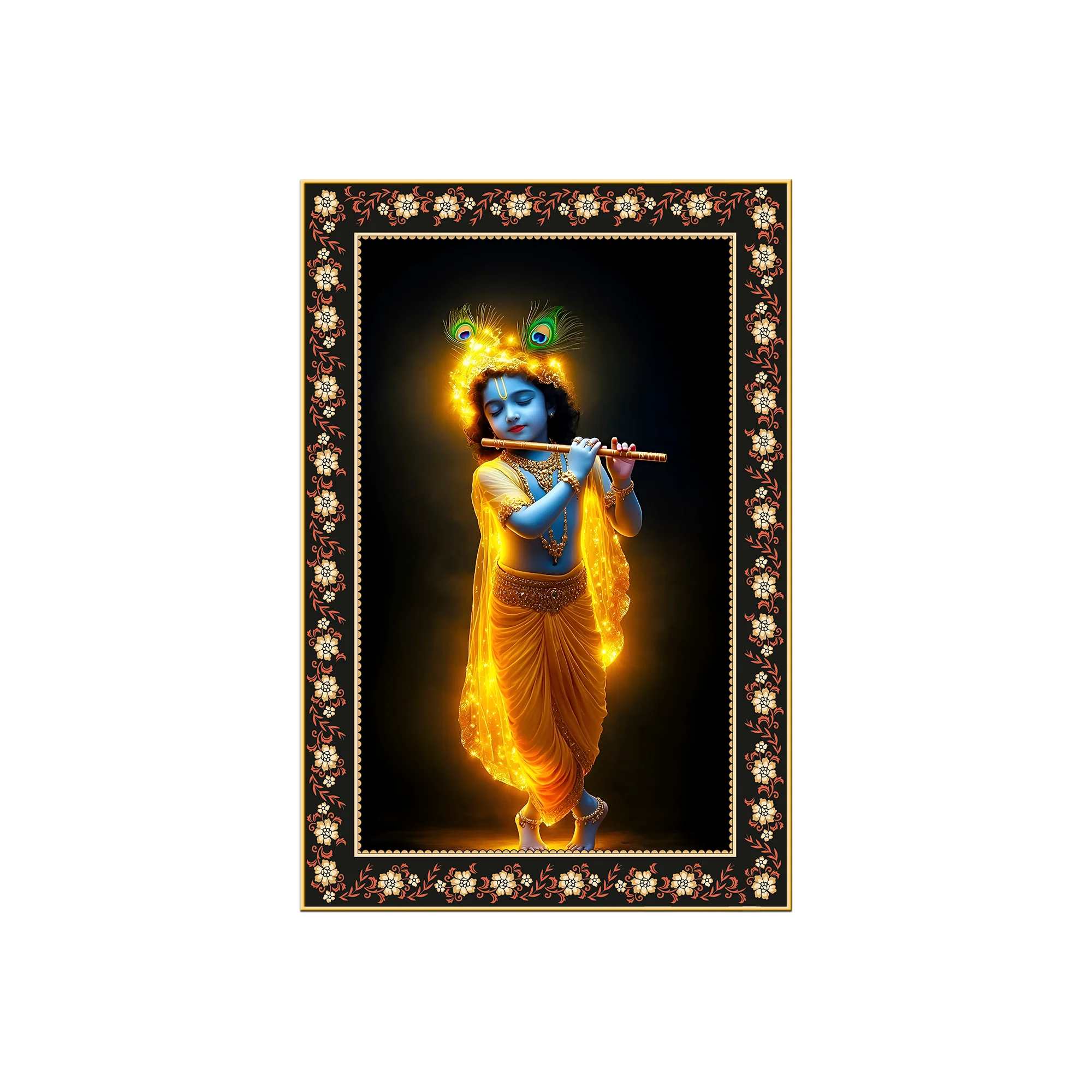 Little Krishna Playing Flute Floral Border Vertical Wall Painting - Image 4