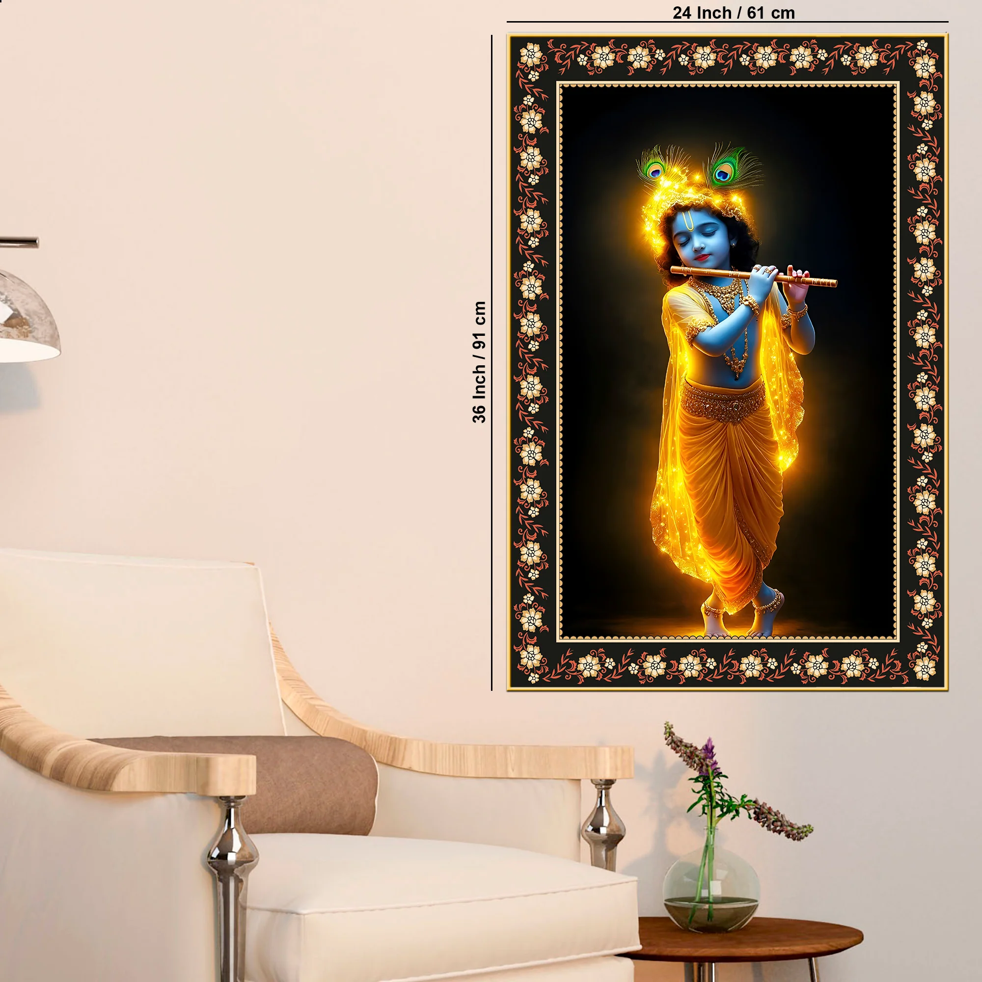 Little Krishna Playing Flute Floral Border Vertical Wall Painting - Image 6