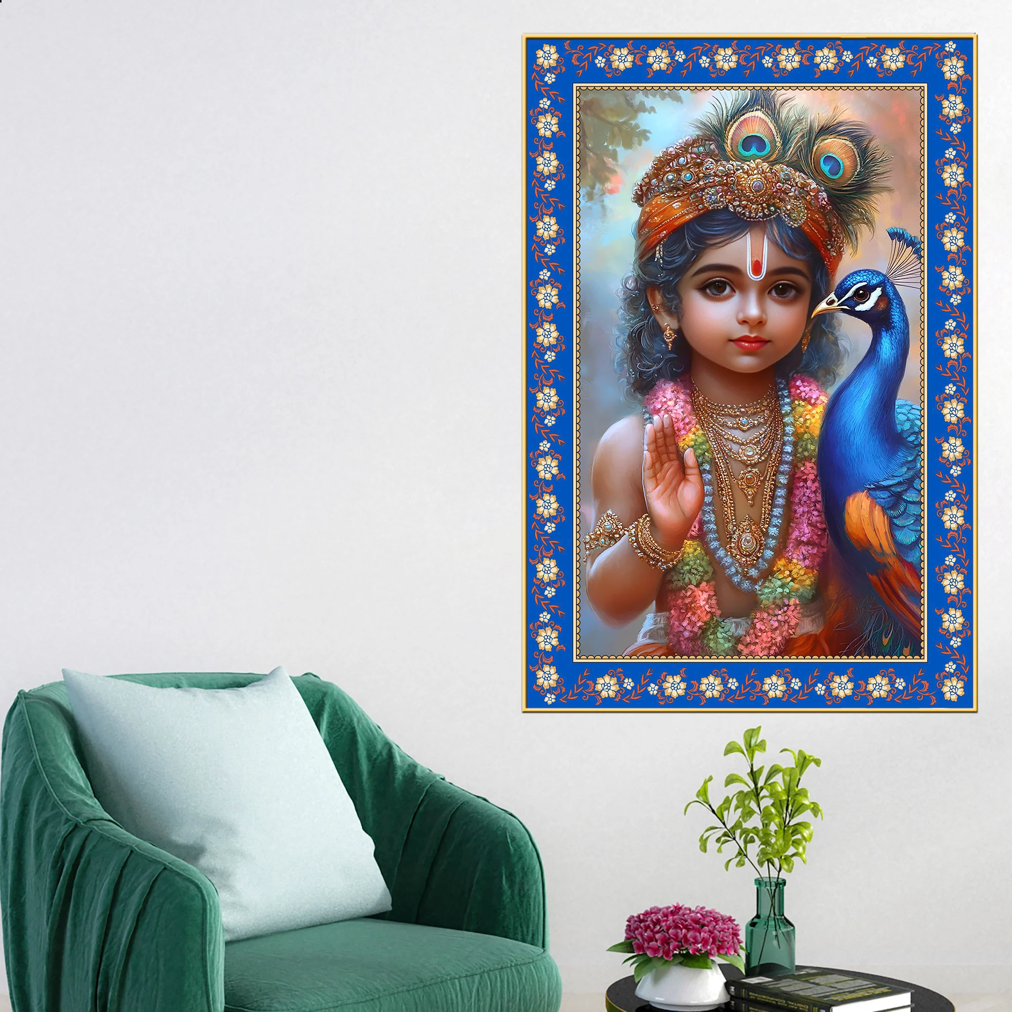 Little Krishna with Peacock Floral Border Vertical Wall Painting - Image 3