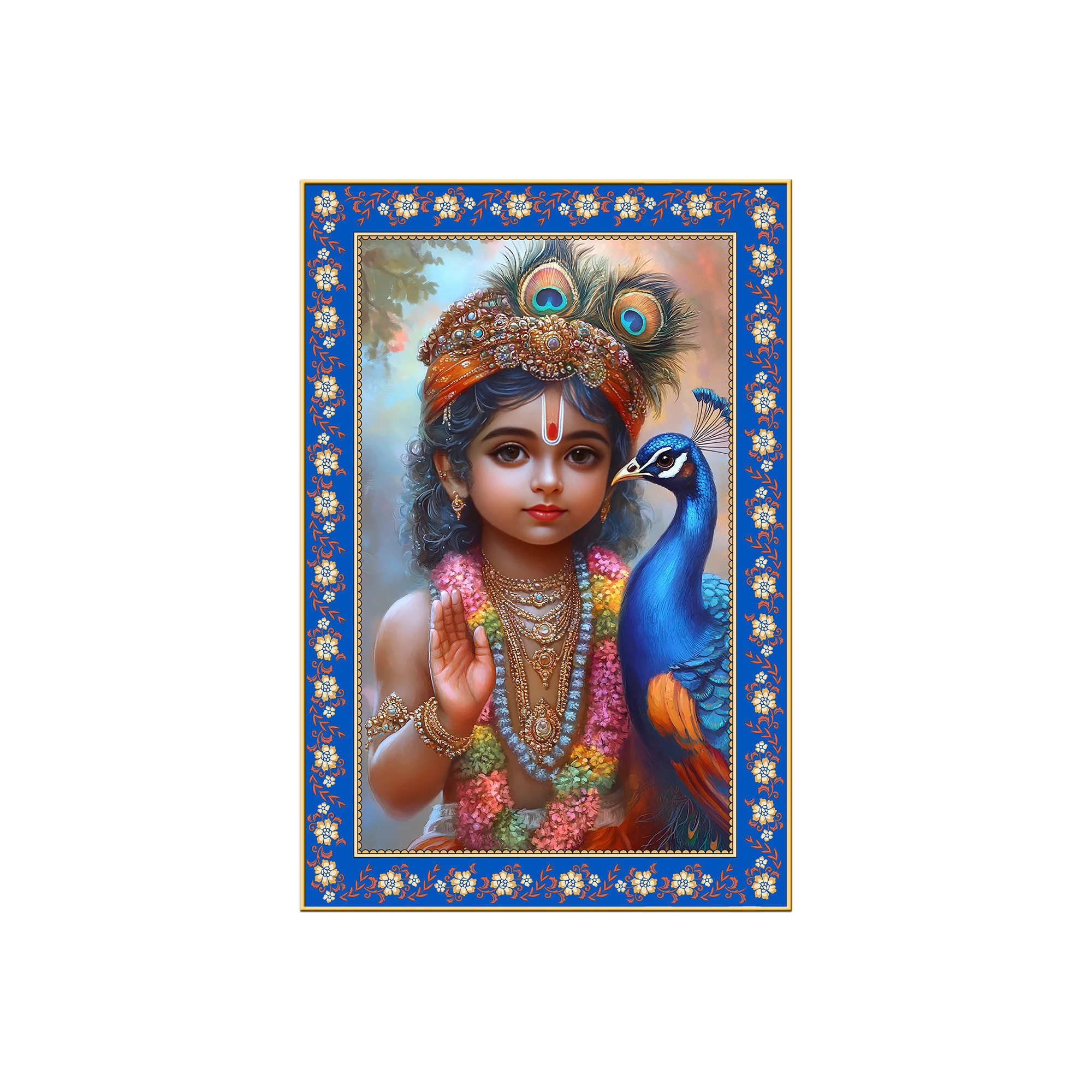 Little Krishna with Peacock Floral Border Vertical Wall Painting - Image 4