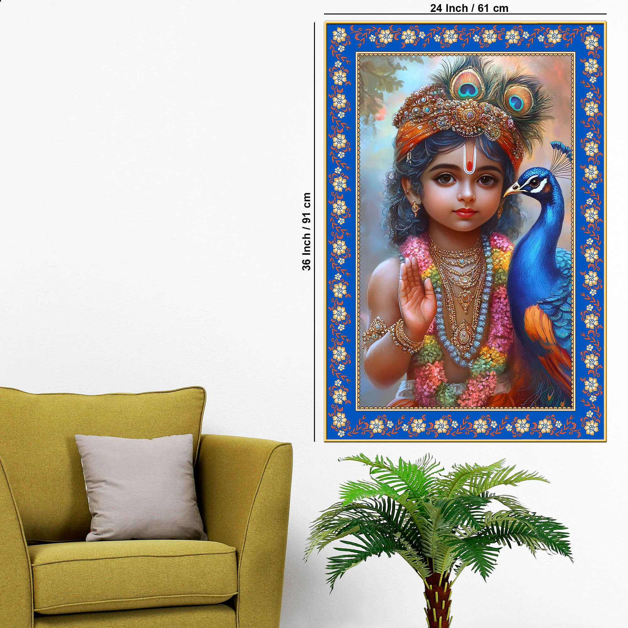 Little Krishna with Peacock Floral Border Vertical Wall Painting - Image 6