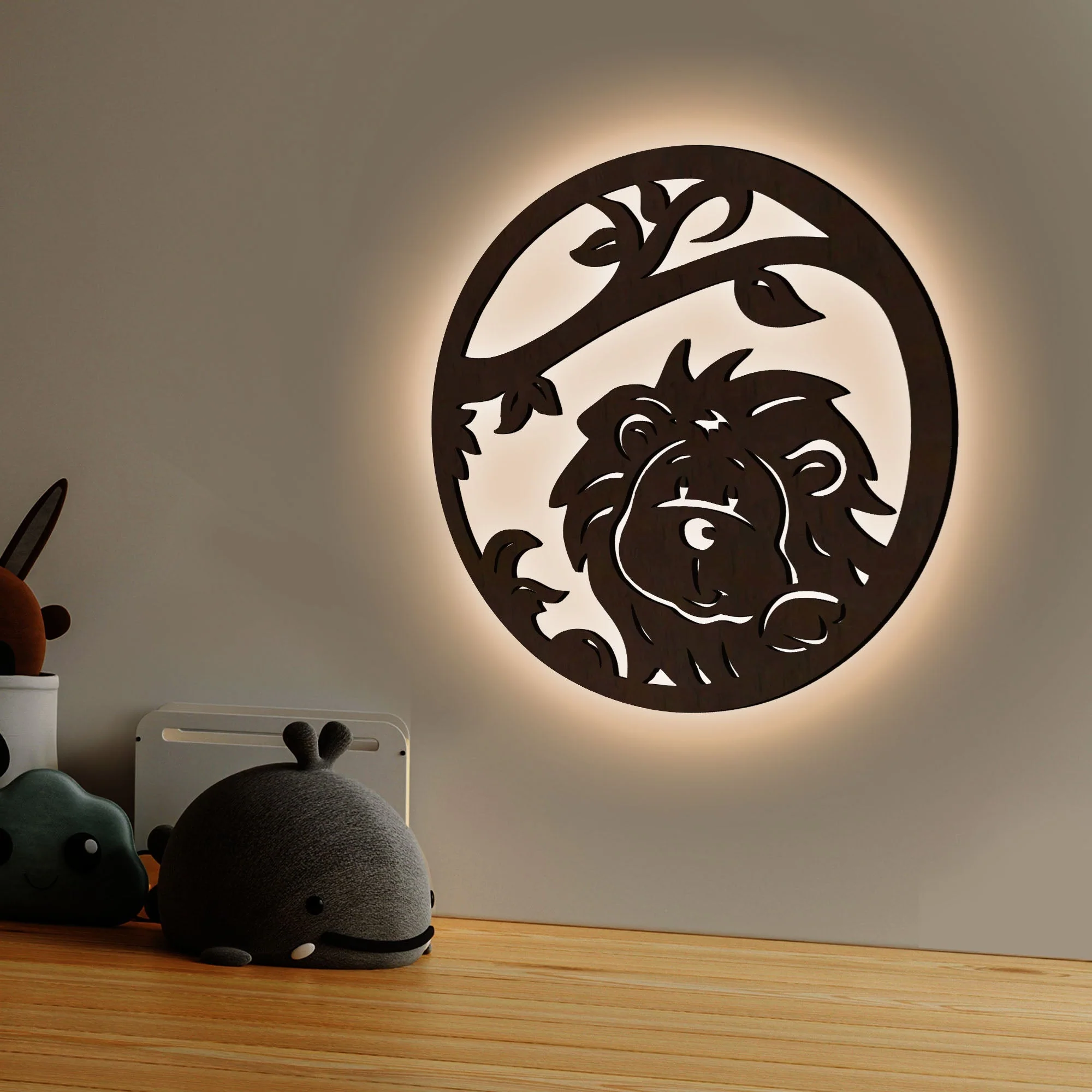 Little Lion Art Backlit Wooden Wall Decor with LED Night Light Walnut Finish - Image 2