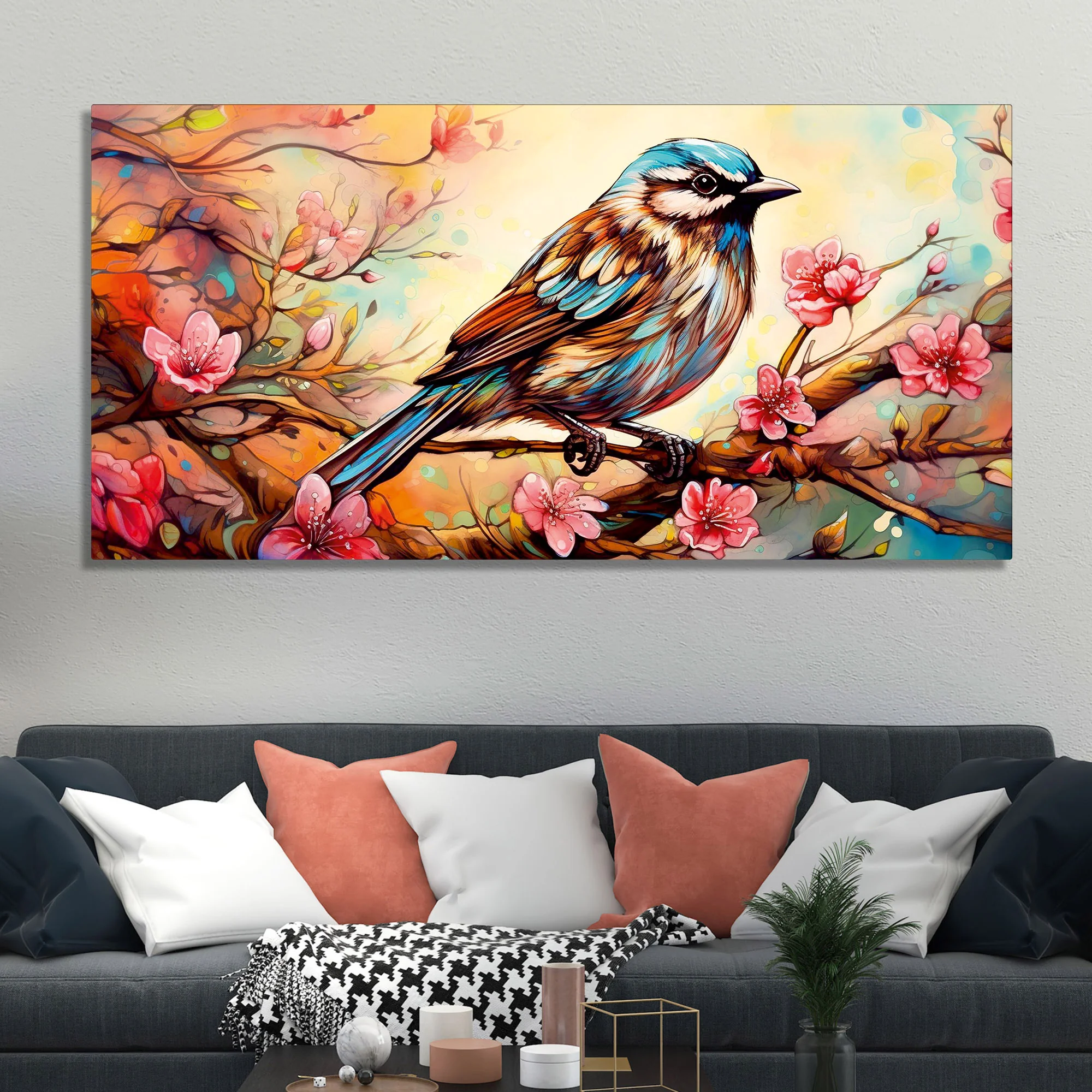 Little Sparrow with bright colored Flower Canvas Wall Painting - Image 3