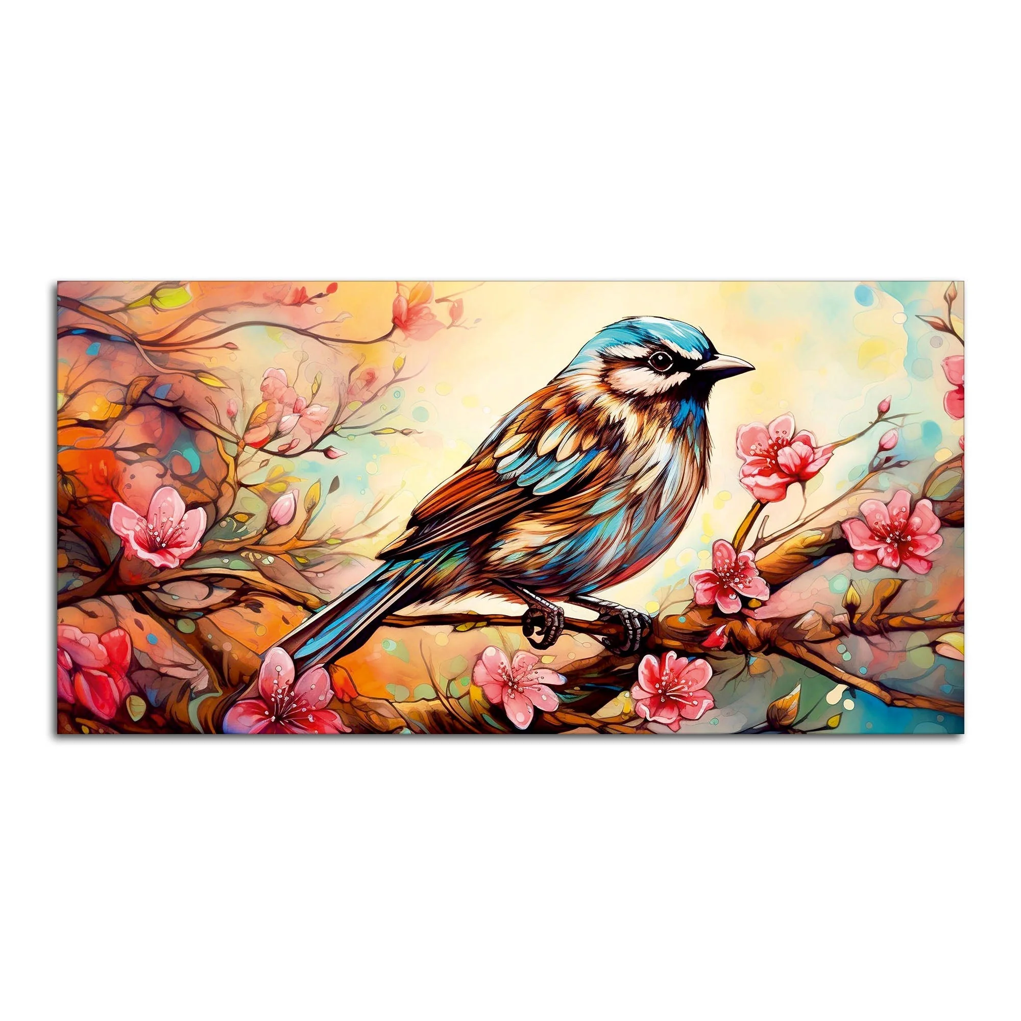 Little Sparrow with bright colored Flower Canvas Wall Painting - Image 4