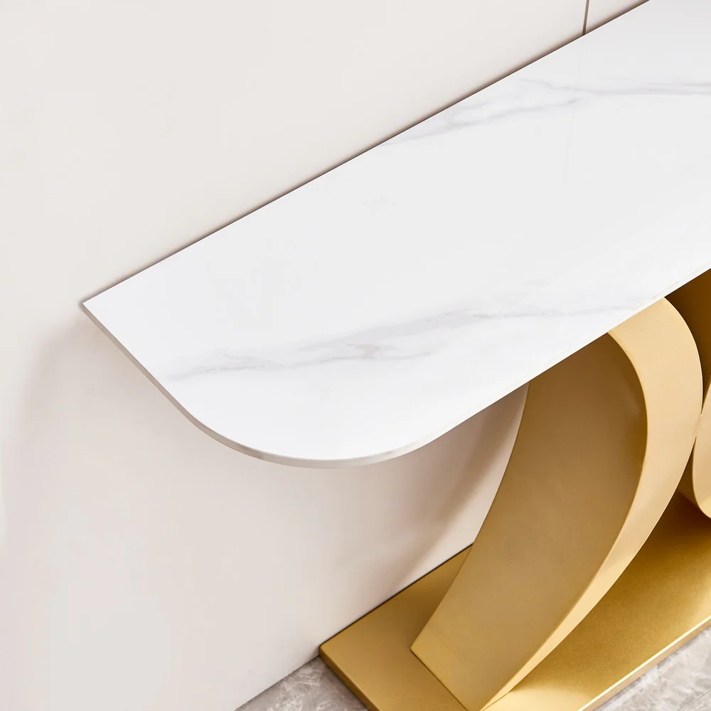 Elegant Gold X Leg Console Table with Smooth White Marble Top - Image 3