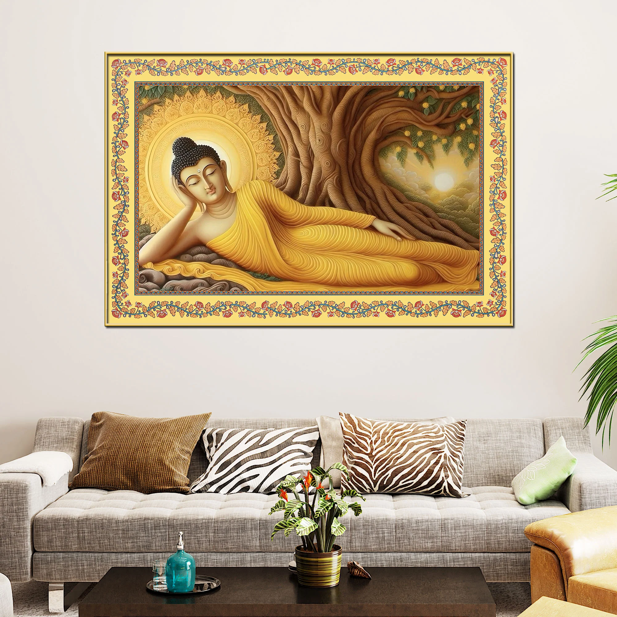 Lord Buddha in Reclining Posture Floral Border Canvas Wall Painting - Image 3