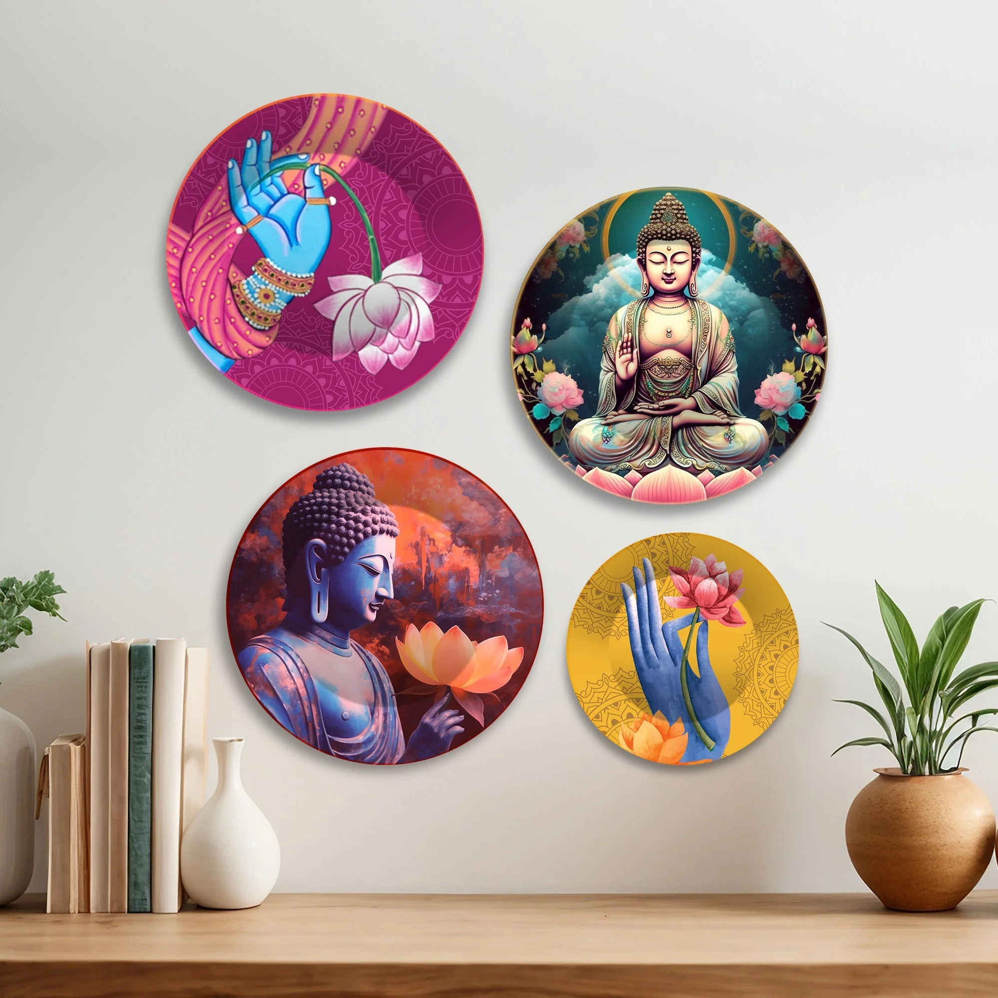 Lord Buddha Meditating Premium Wall Plates Painting Set of Four - Image 2