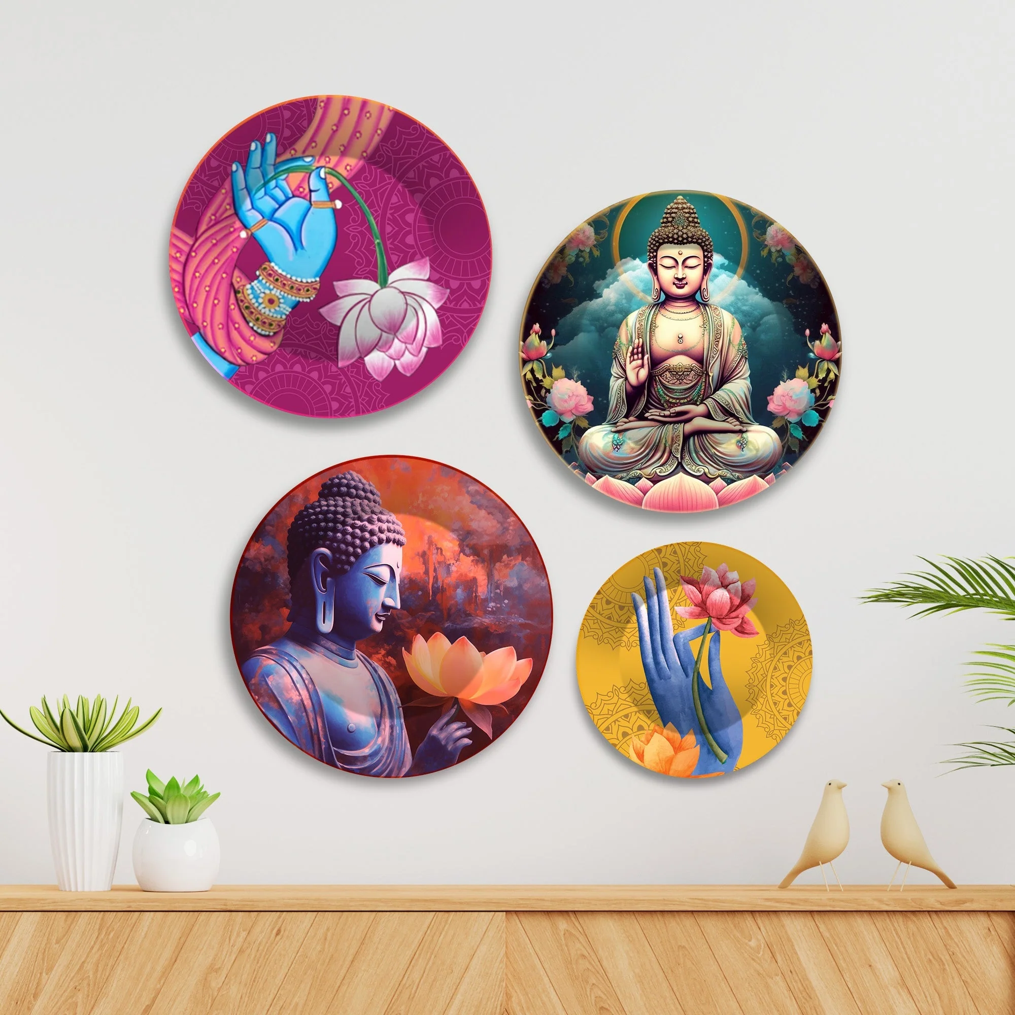 Lord Buddha Meditating Premium Wall Plates Painting Set of Four - Image 3