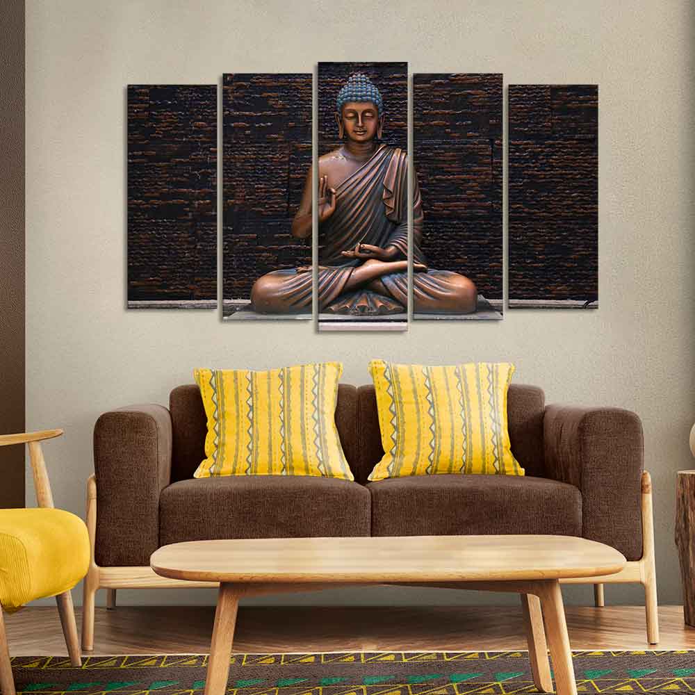 Lord Buddha Meditating Statue Canvas Wall Painting Set of Five - Image 2