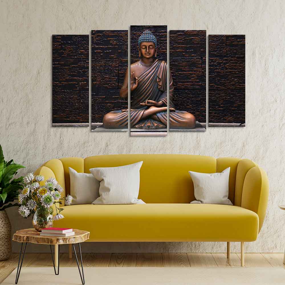 Lord Buddha Meditating Statue Canvas Wall Painting Set of Five - Image 3