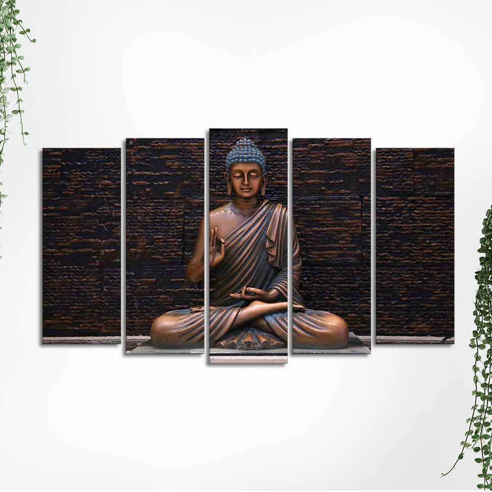 Lord Buddha Meditating Statue Canvas Wall Painting Set of Five - Image 5