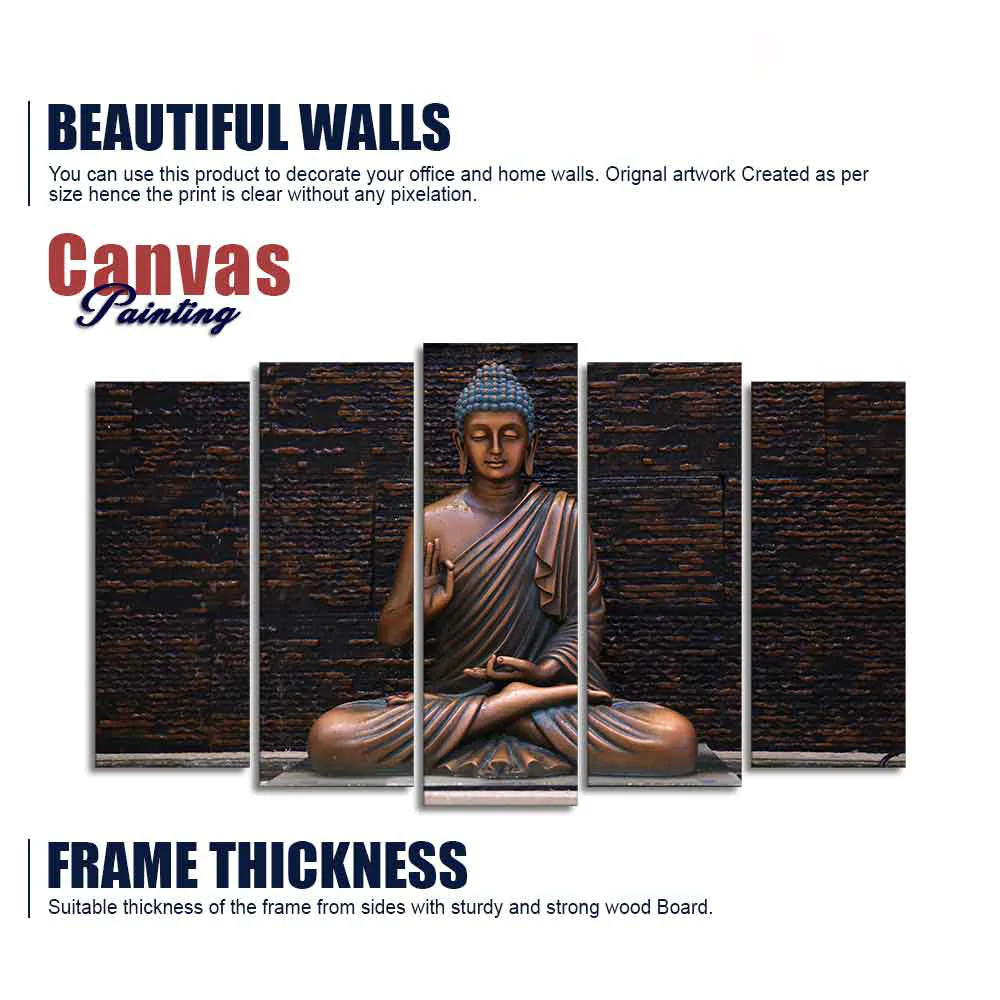 Lord Buddha Meditating Statue Canvas Wall Painting Set of Five - Image 6