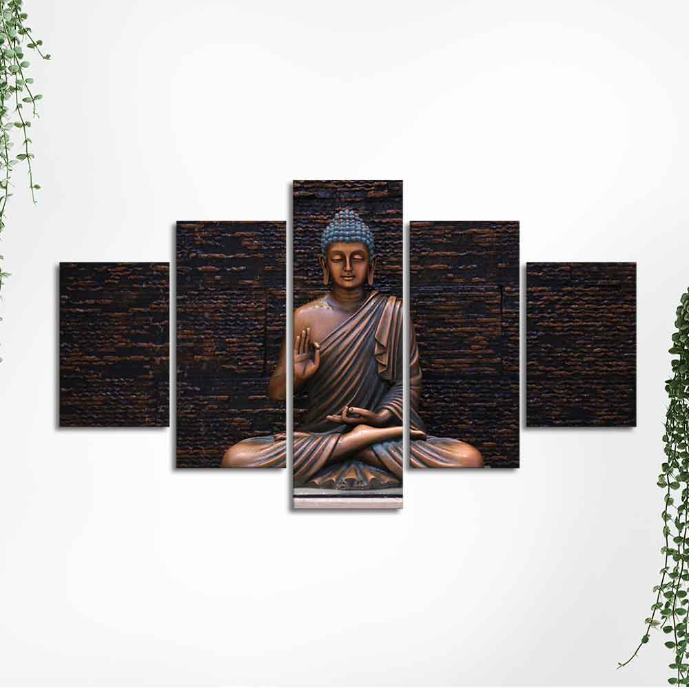 Lord Buddha Meditating Statue Five Pieces Canvas Wall Painting - Image 5