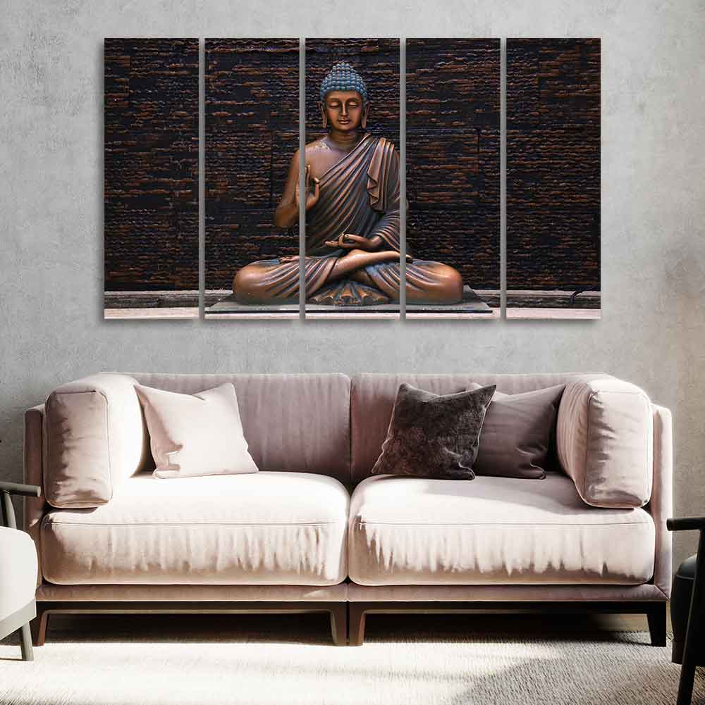 Lord Buddha Meditating Statue Set of Five Canvas Wall Painting - Image 2