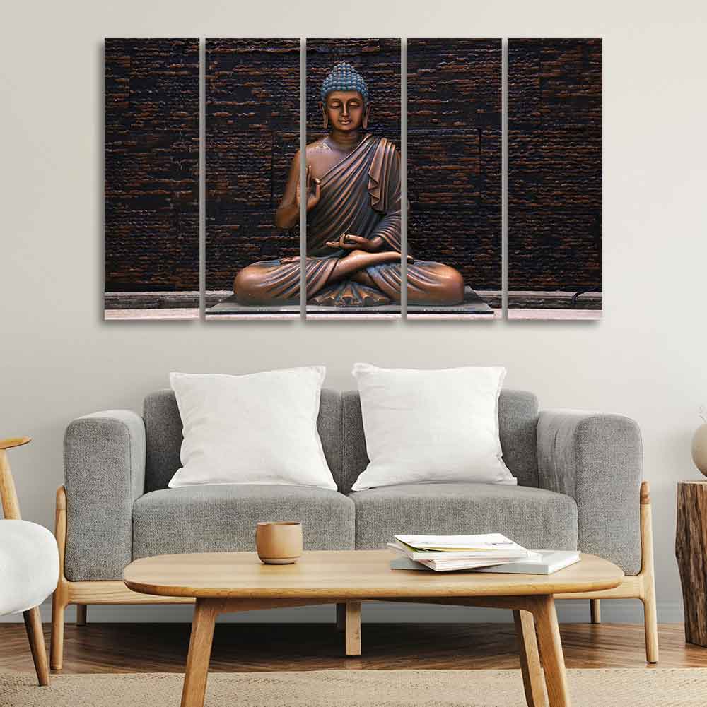 Lord Buddha Meditating Statue Set of Five Canvas Wall Painting - Image 3