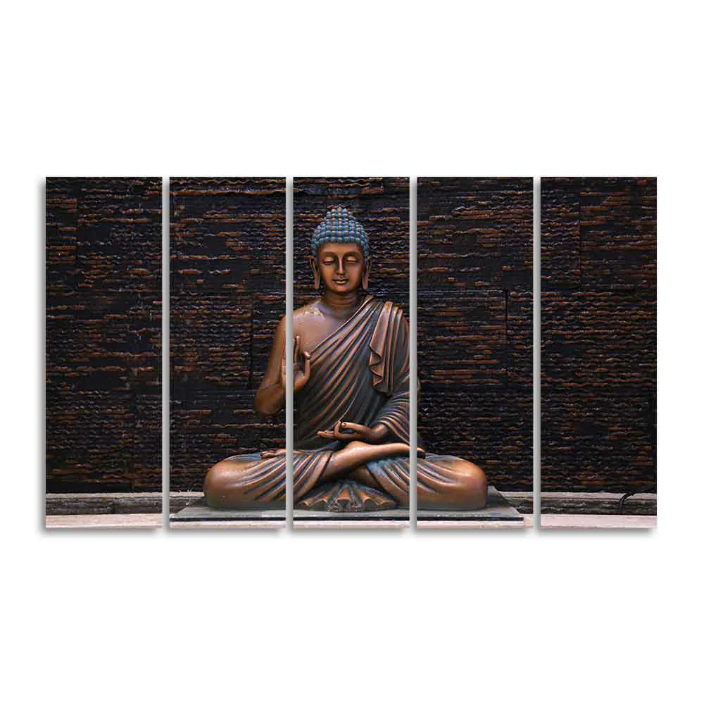 Lord Buddha Meditating Statue Set of Five Canvas Wall Painting - Image 4