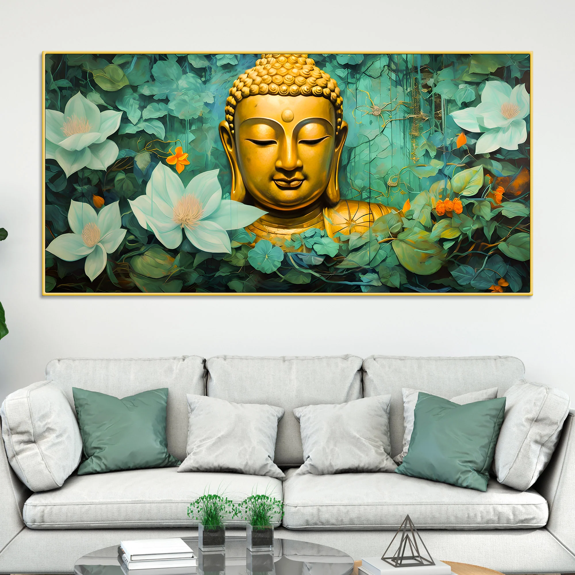 Lord Buddha Wall Painting with Green Floral Background for Home Décor