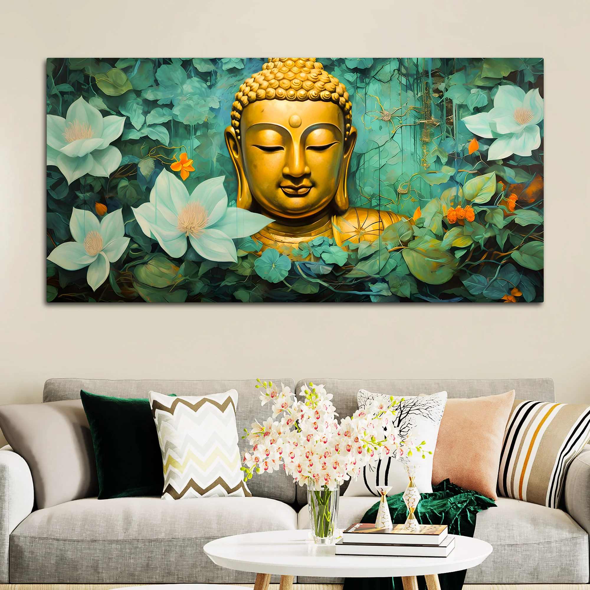 Lord Buddha Wall Painting with Green Floral Background for Home Décor - Image 3