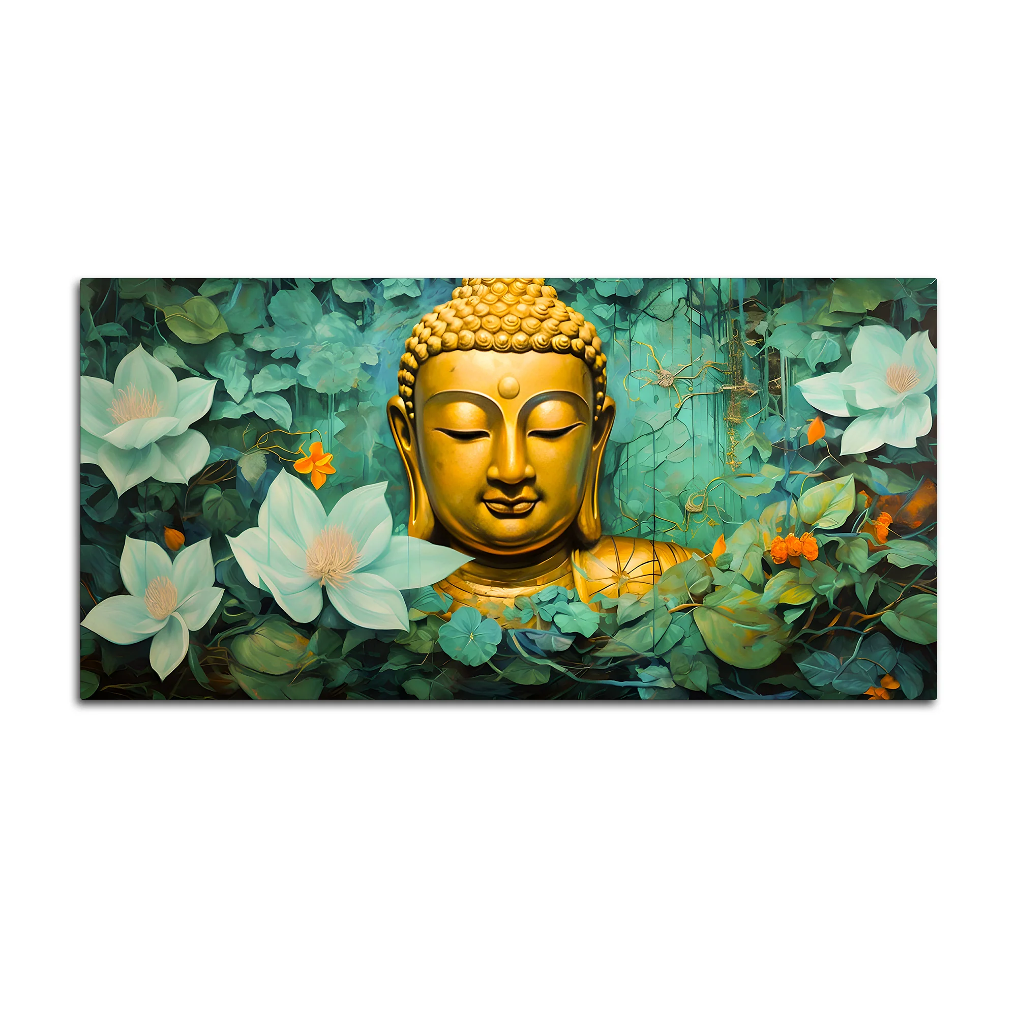 Lord Buddha Wall Painting with Green Floral Background for Home Décor - Image 4