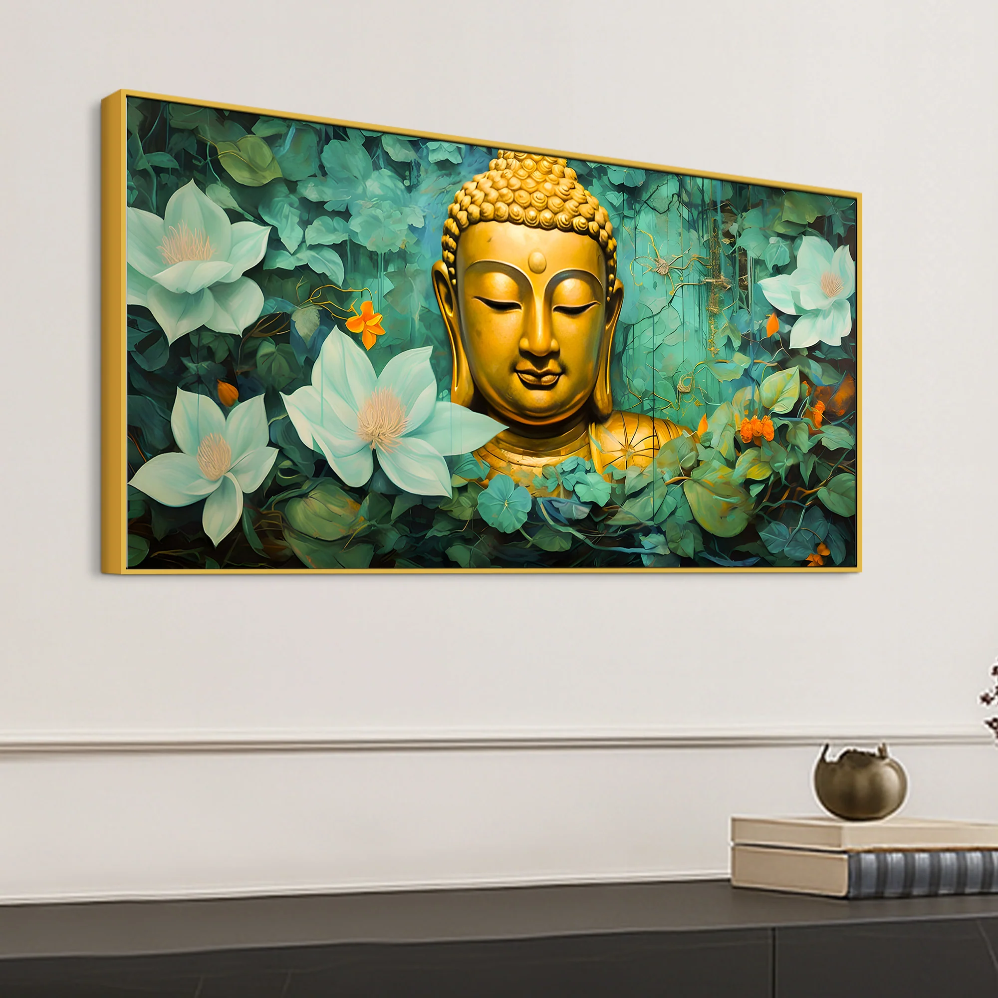Lord Buddha Wall Painting with Green Floral Background for Home Décor - Image 5