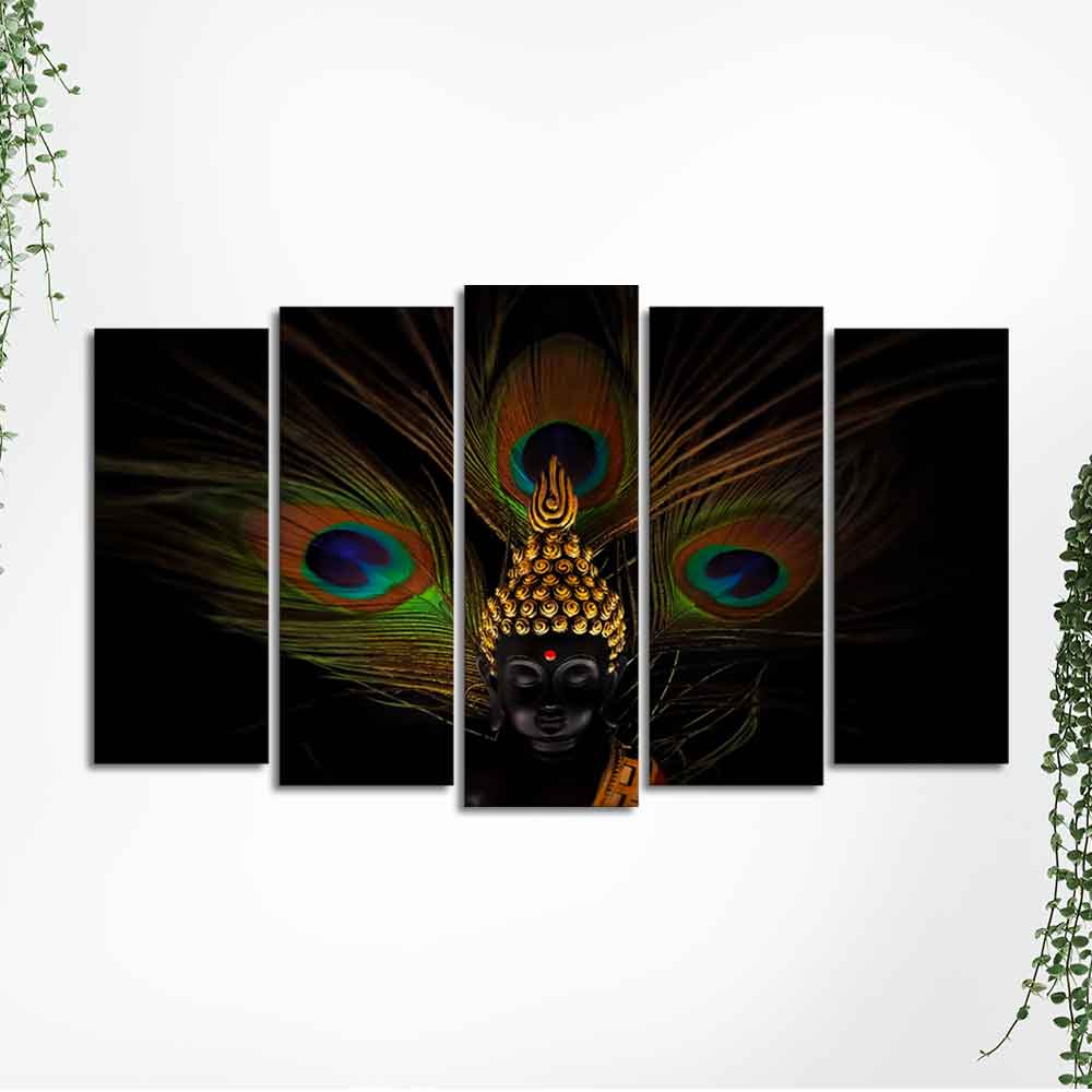 Lord Buddha With Peacock Feather Wall Painting of Five Pieces Set - Image 5