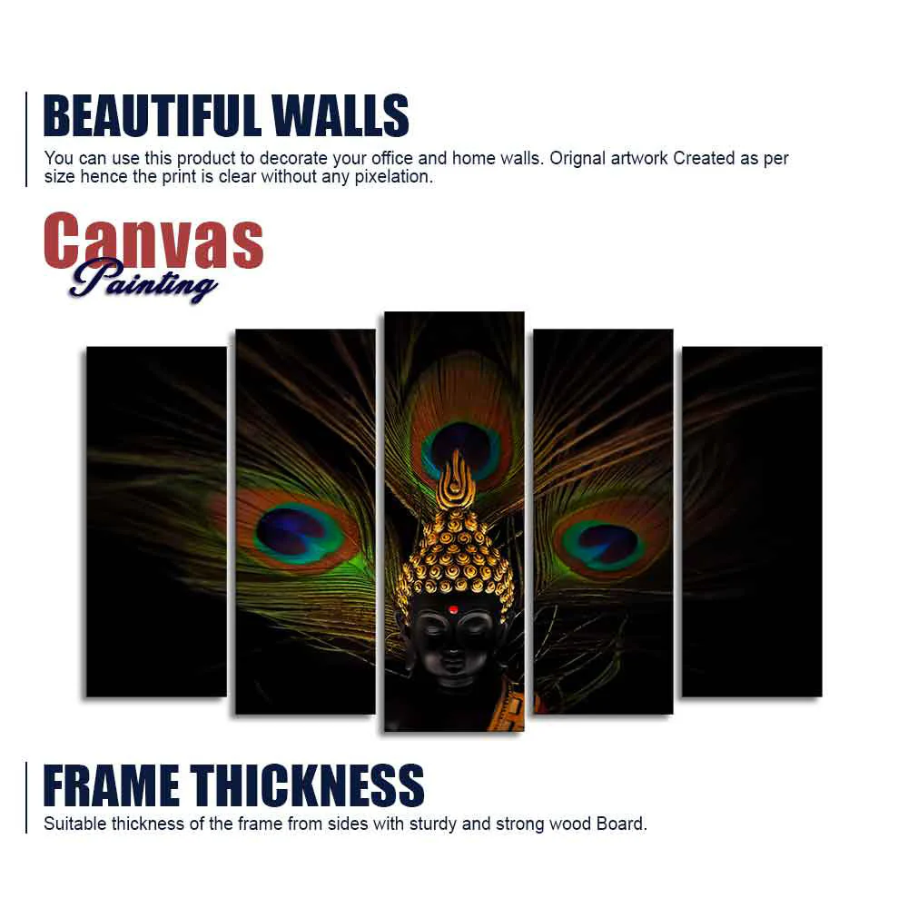 Lord Buddha With Peacock Feather Wall Painting of Five Pieces Set - Image 6