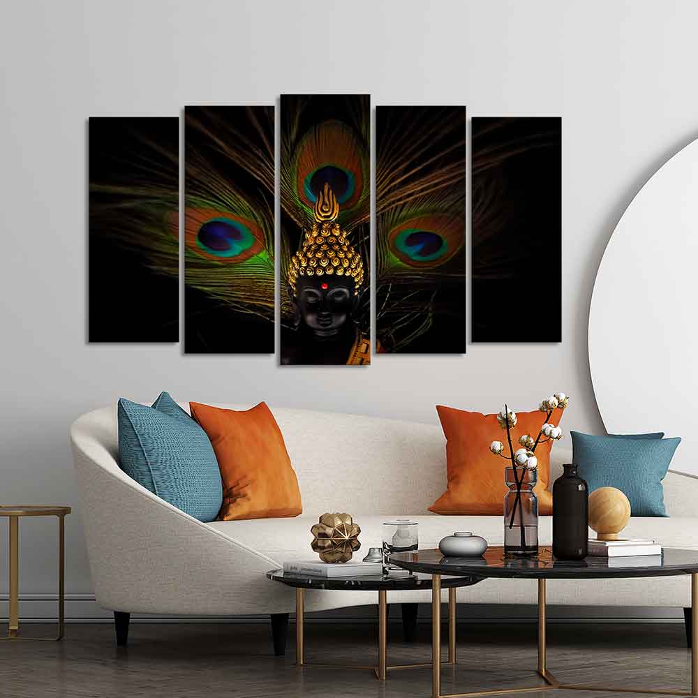 Lord Buddha With Peacock Feather Wall Painting of Five Pieces Set - Image 2